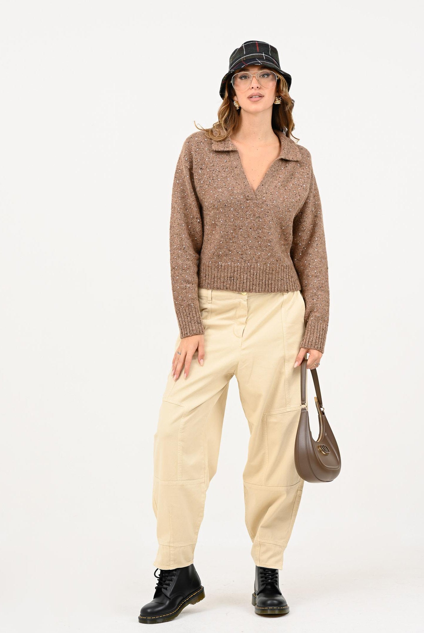 PINKO Maglioncino con scollo a V beige da donna realizzato in morbido tessuto con strass 105684A2U4 C3Z PINKO