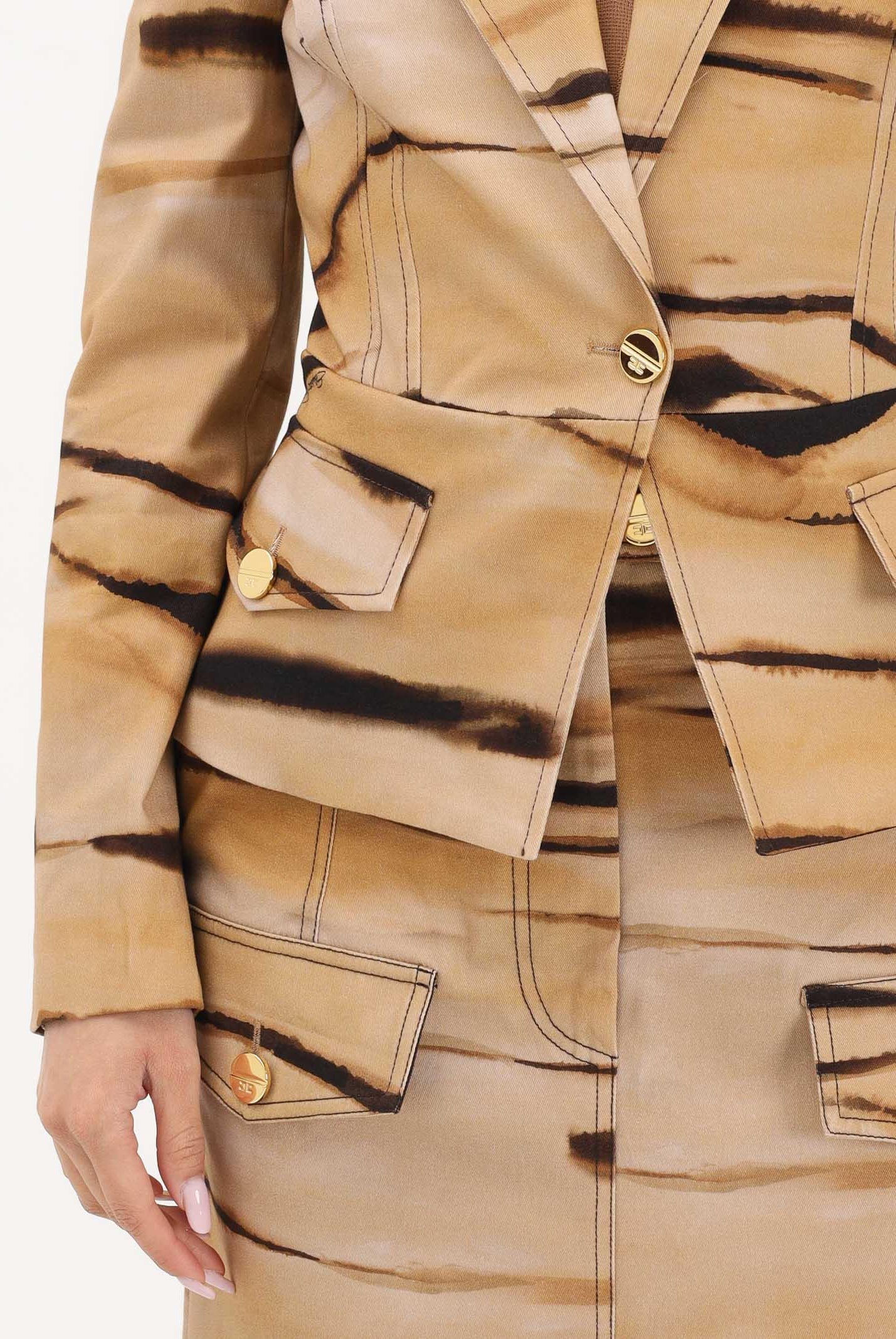 ELISABETTA FRANCHI Giacca monopetto beige da donna con stampa tigre<BR/> GI23762E2 470 ELISABETTA FRANCHI
