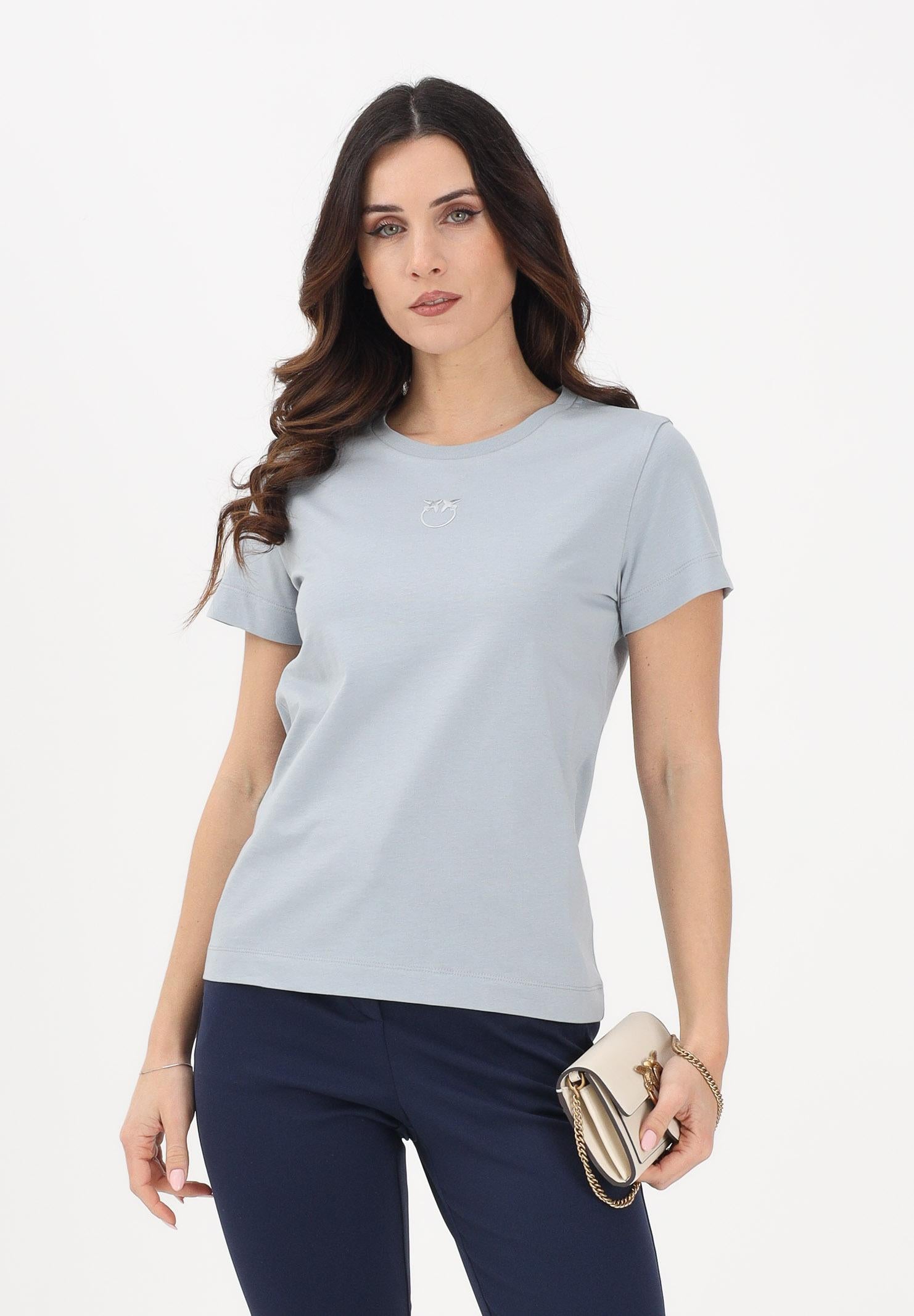 PINKO T-shirt a manica corta azzurro arona da donna con ricamo logo Love Birds 100355A339 E87 PINKO