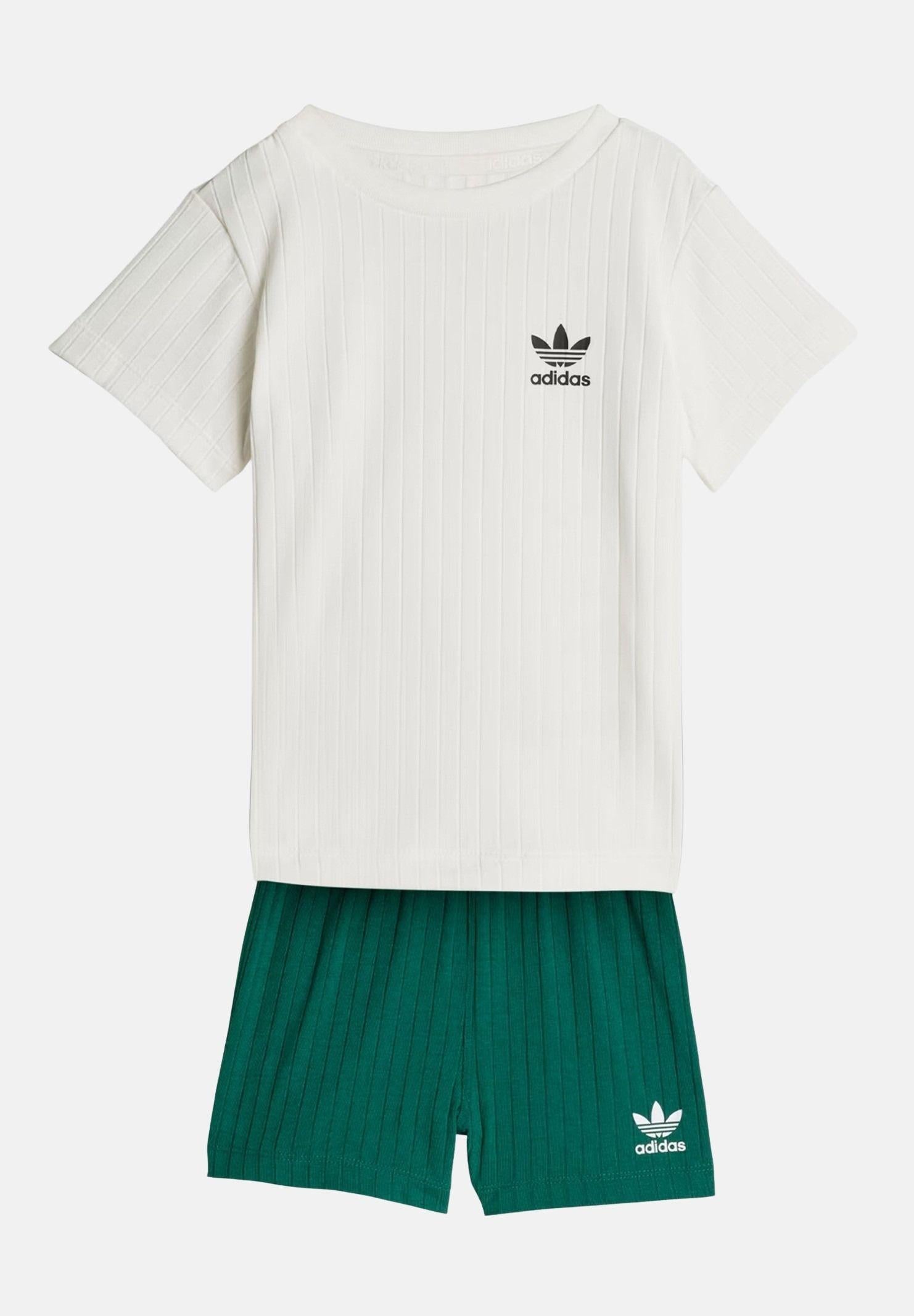 ADIDAS ORIGINALS Completino Wide Rib con T-shirt e short a coste larghe bianco bianco e verde da neonato KE4986 . ADIDAS ORIGINALS