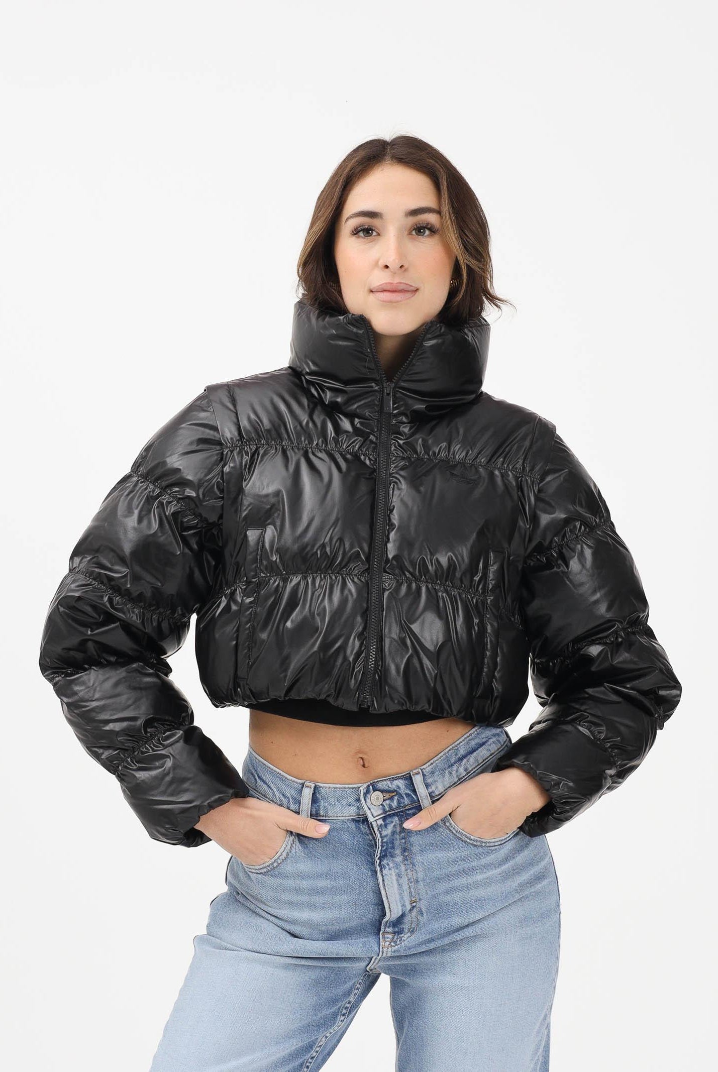 ADIDAS ORIGNALS Piumino croppato Essentials Glossy 2-In-1 nero da donna JX2988 . ADIDAS ORIGINALS