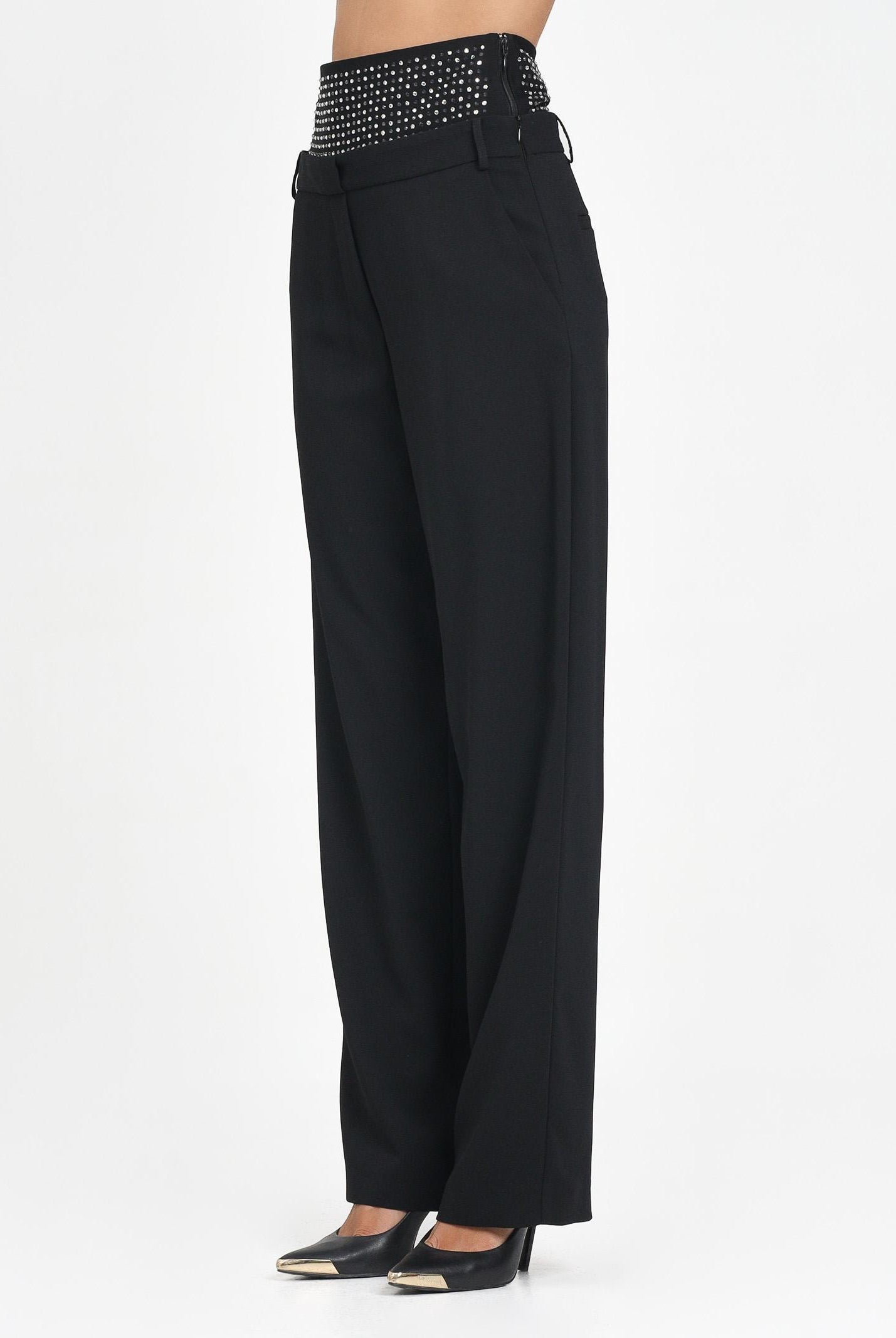 SIMONA CORSELLINI Pantalone elegante nero da donna caratterizzato da una fascia in vita alta decorata con borchie argentate A25CEPA10201-C00113 V0003 SIMONA CORSELLINI