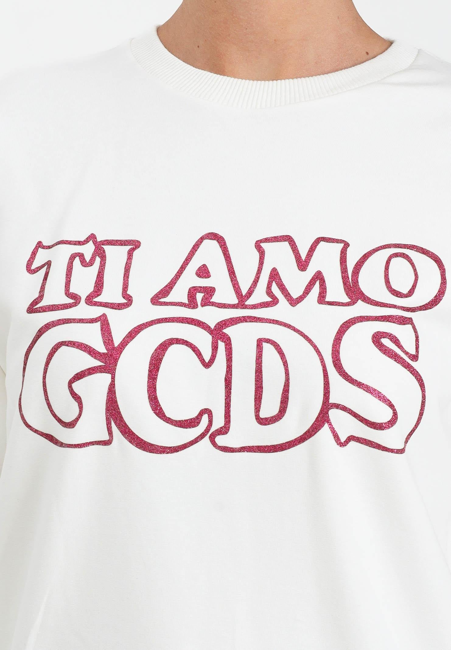 GCDS Felpa girocollo bianca per donna e ragazze con stampa in strass B2JW1532BA5 15 GCDS