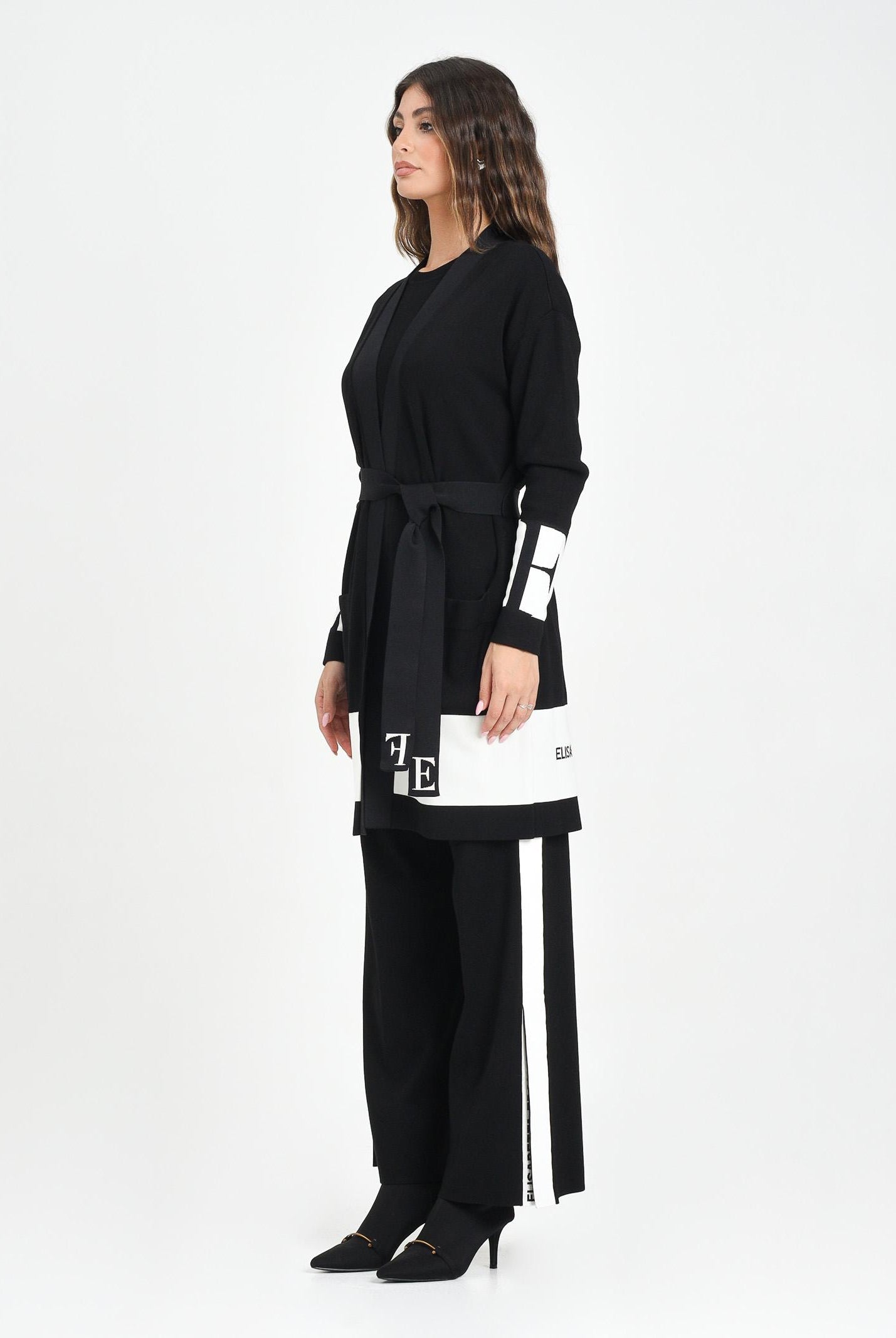 ELISABETTA FRANCHI Cardigan lungo nero da donna con bande lucide MK02S56E2 EF3 ELISABETTA FRANCHI