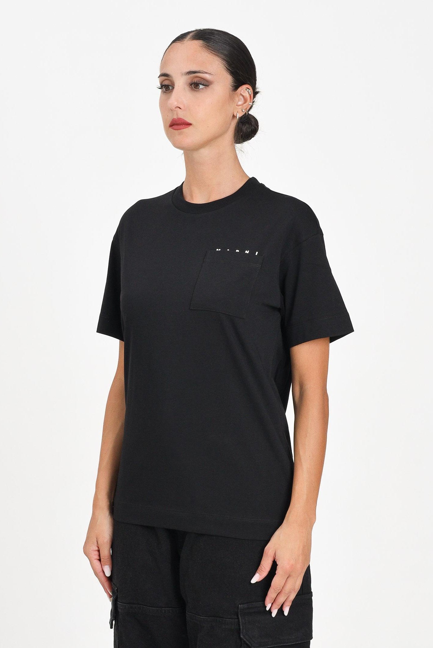 MARNI T-shirt a manica corta nera per donna, ragazzi e bambini con taschino e logo M01415M00RF 0M900 MARNI