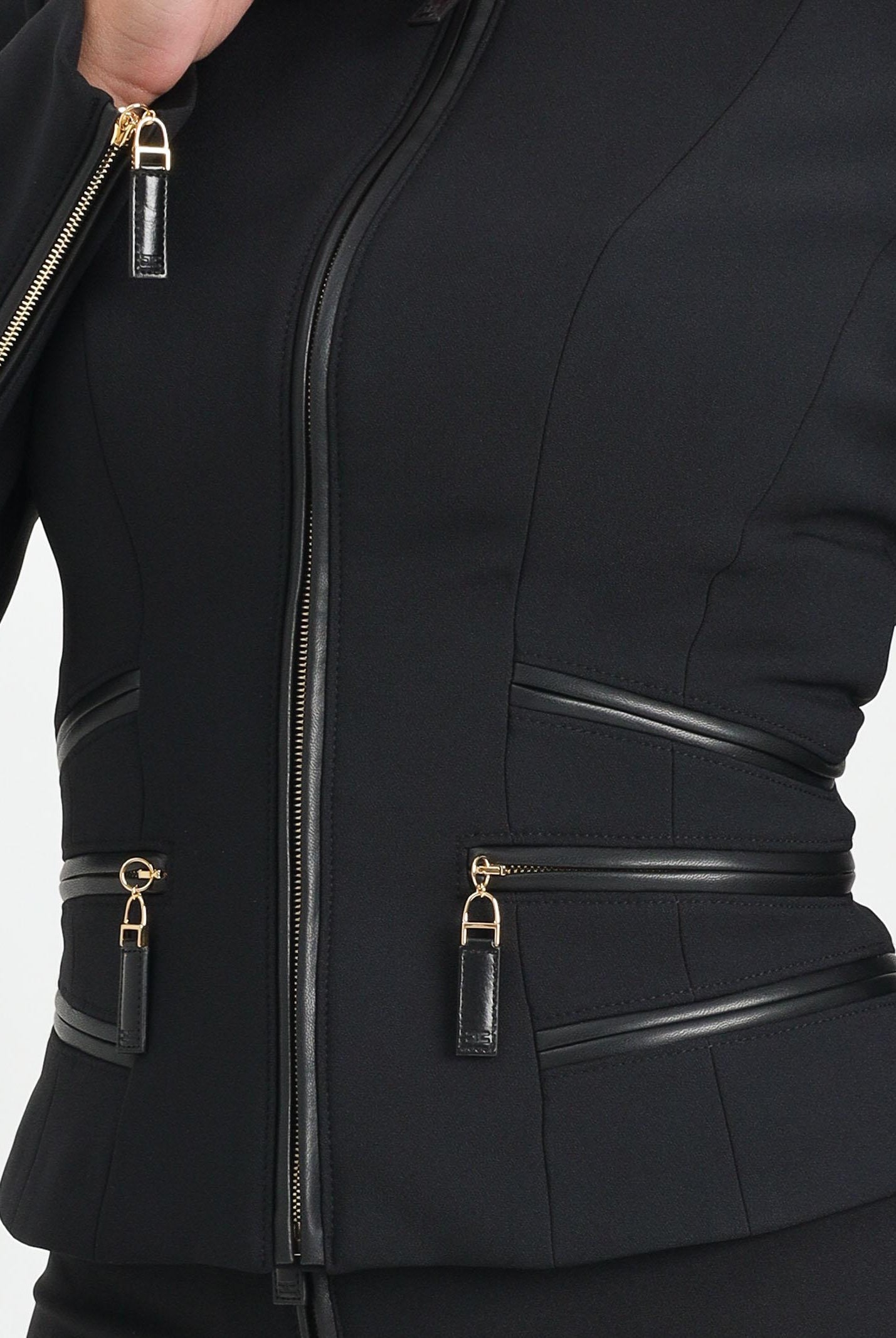 ELISABETTA FRANCHI Giacca nera da donna in doppio crêpe con dettagli zip<BR/> GI17356E2 110 ELISABETTA FRANCHI