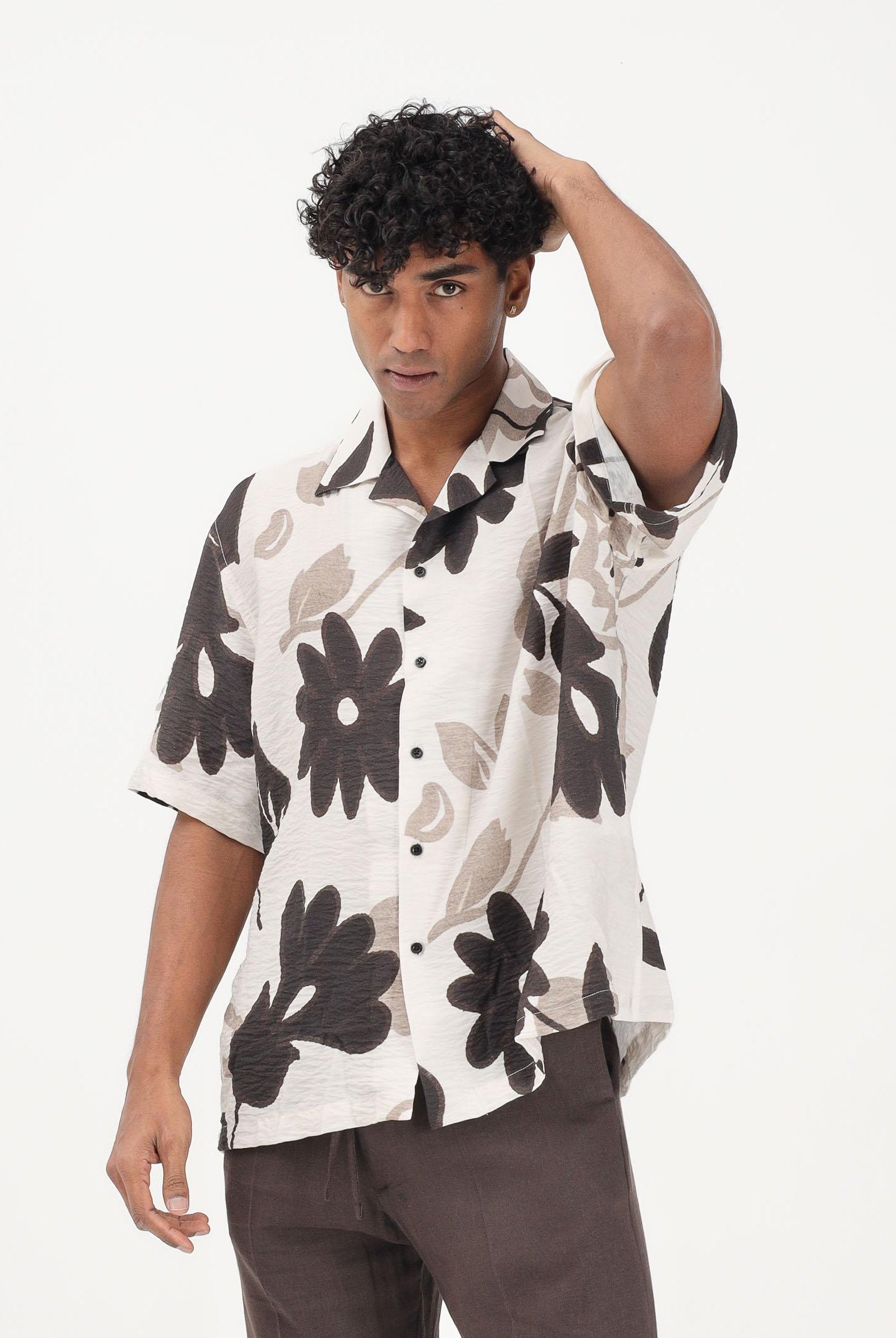 I'M BRIAN Camicia a manica corta bianca da uomo con stampa floreale CA3615 0028 I'M BRIAN