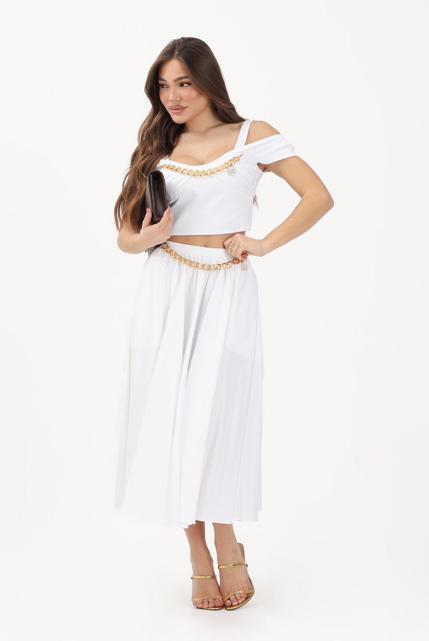 ELISABETTA FRANCHI Gonna midi bianca da donna con dettaglio gioiello GO16061E2 100 ELISABETTA FRANCHI