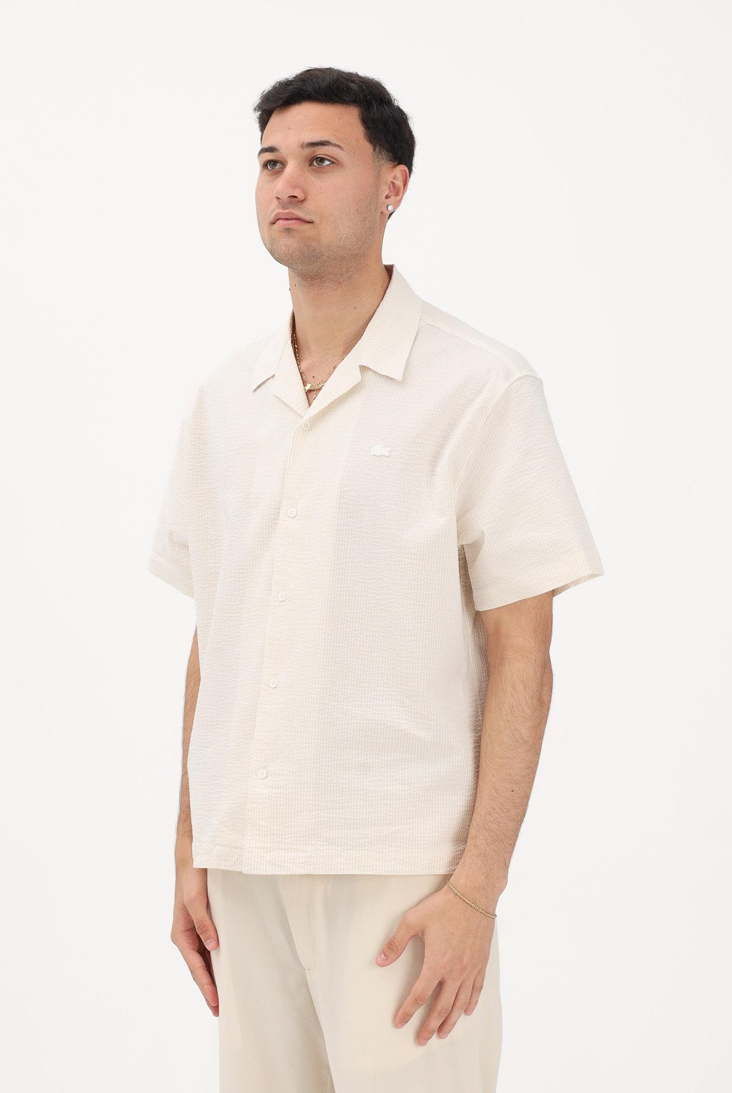 LACOSTE Camicia a manica corta panna da uomo in seersucker CH2355 FM0 LACOSTE