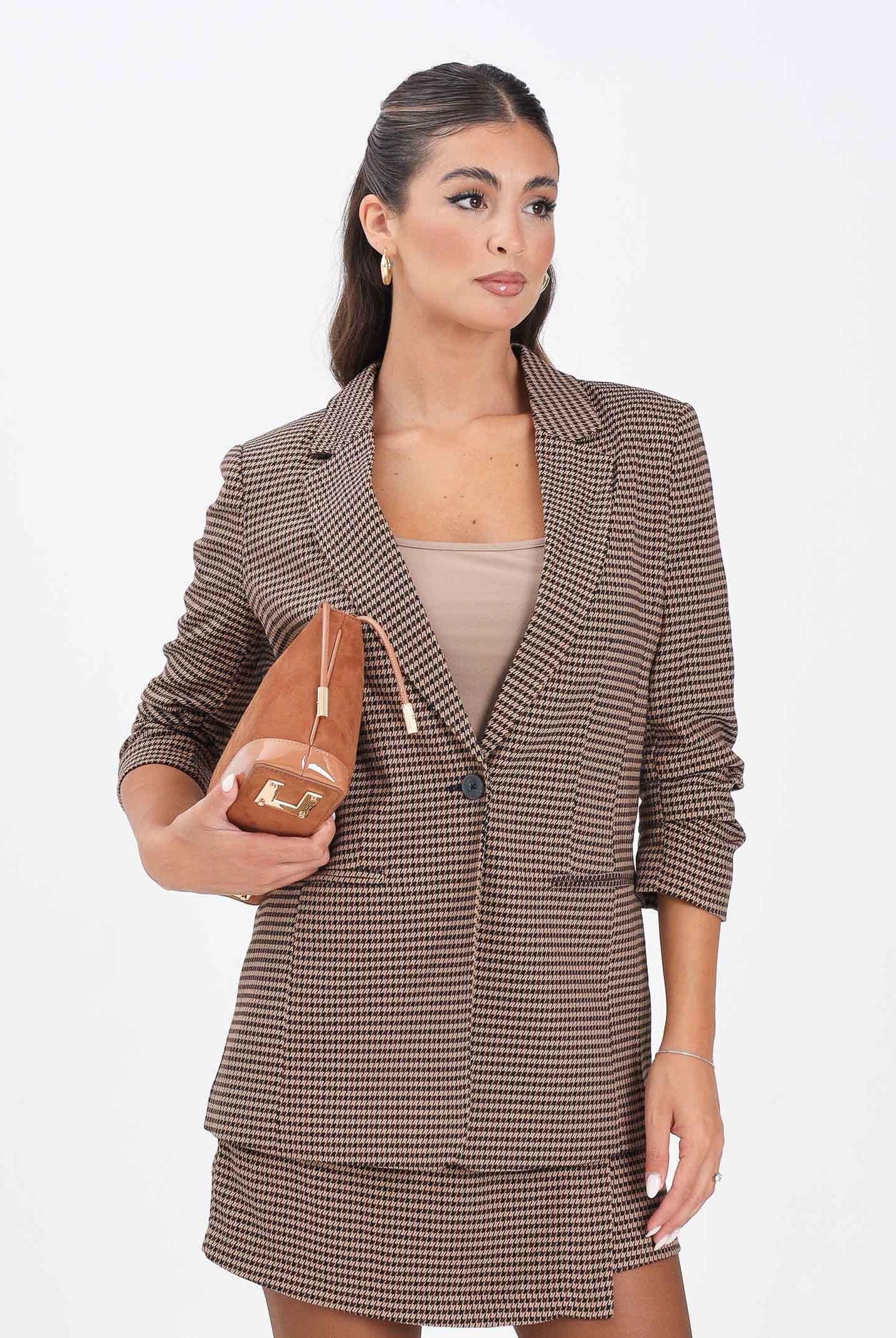 ONLY Giacca monopetto beige da donna con stampa pied de poule 15353566 DecadentChocolate ONLY