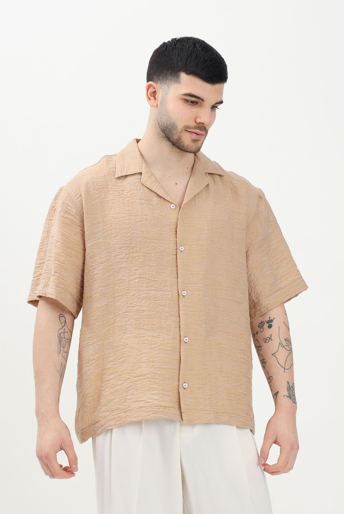 Camicia a manica corta beige da uomo in tessuto leggero e testurizzato CA3302 0025 I'M BRIAN