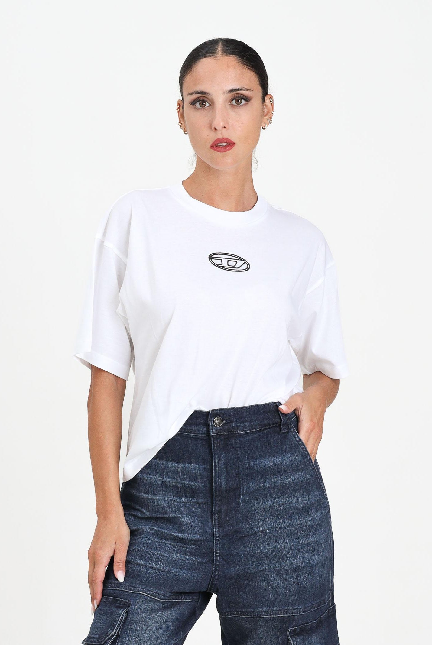 DIESEL T-shirt a manica corta bianca per donna e ragazze con logo Oval D J0242800YI9 K100 DIESEL