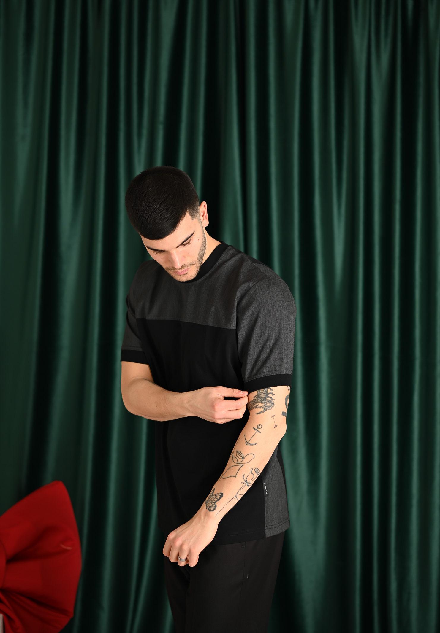 YES LONDON T-shirt a manica corta nera da uomo con inserti grigi XM4215 NE YES LONDON