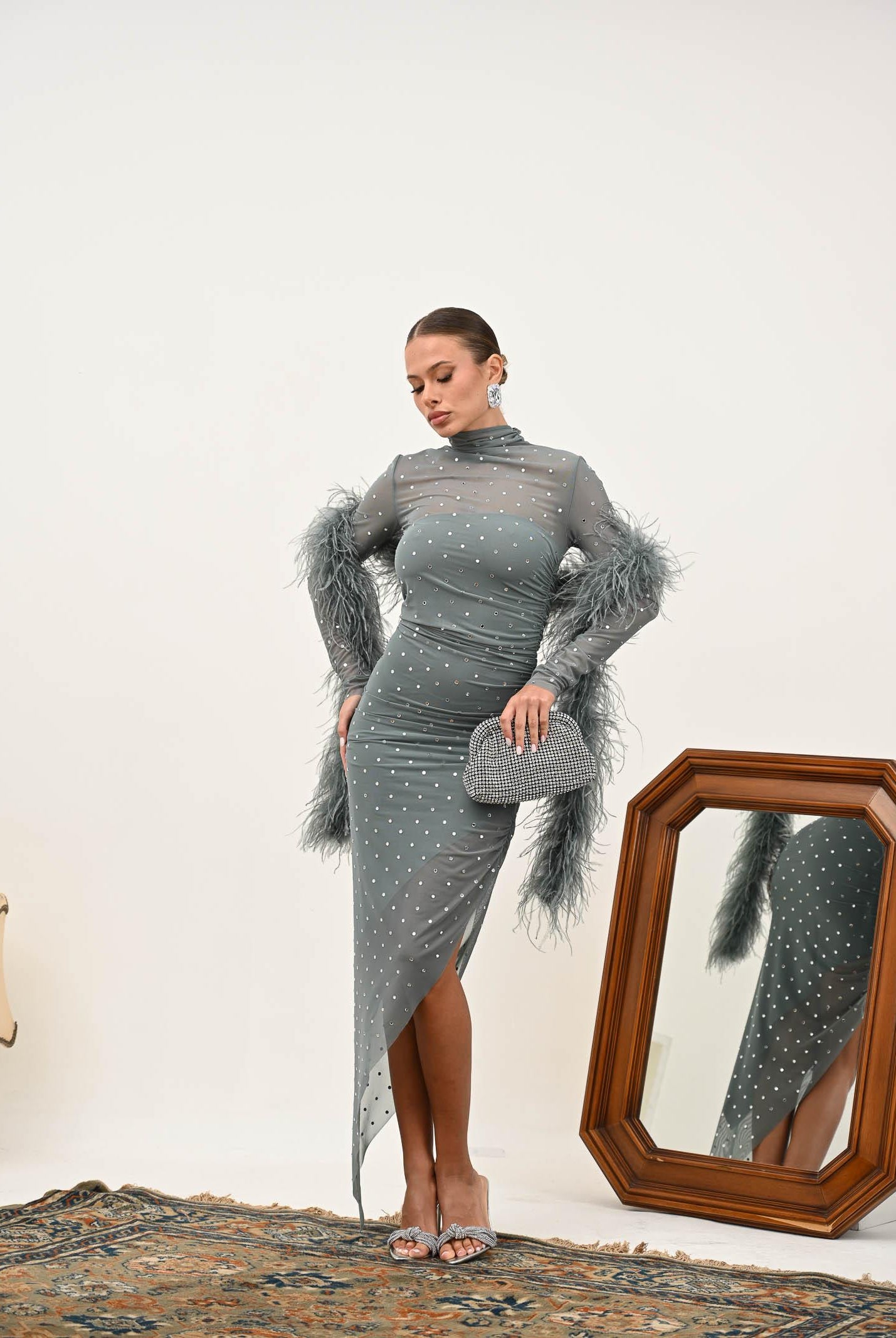 ALMA SANCHEZ Abito midi Acerno carta da zucchero da donna con piume e strass AS2526008RT 814 ALMA SANCHEZ