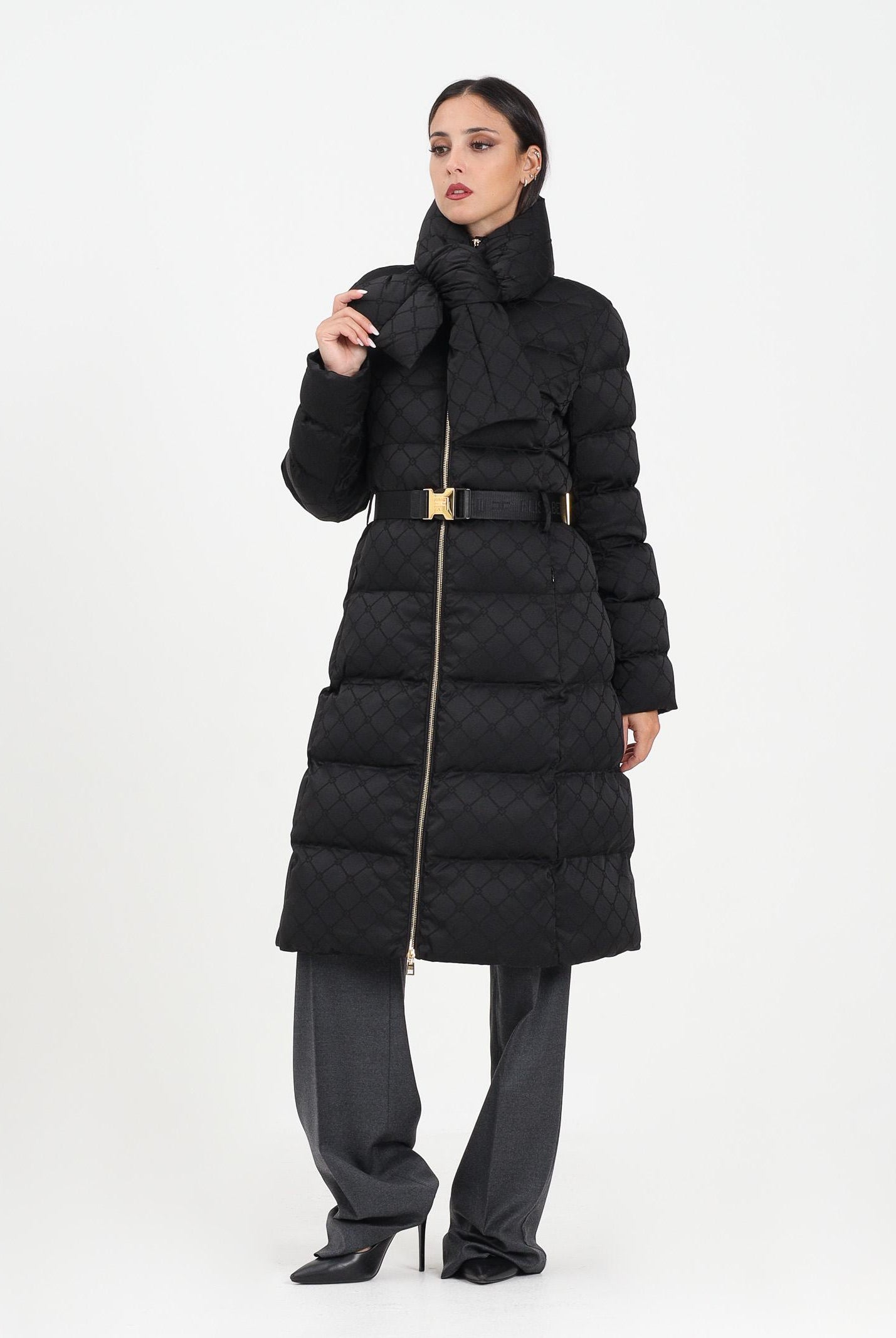 ELISABETTA FRANCHI Piumino lungo nero da donna in tessuto vela jacquard<BR/> PI84D56E2 110 ELISABETTA FRANCHI