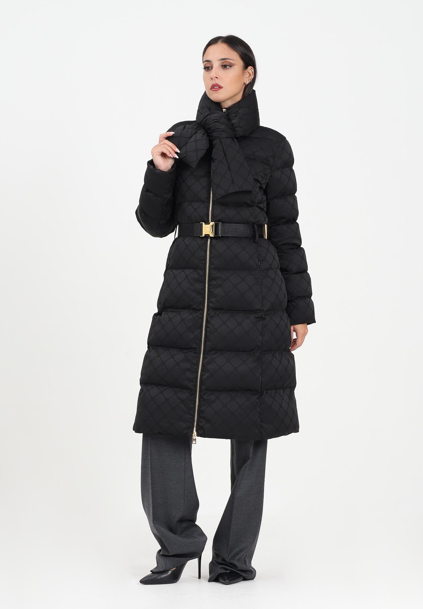 ELISABETTA FRANCHI Piumino lungo nero da donna in tessuto vela jacquard<BR/> PI84D56E2 110 ELISABETTA FRANCHI