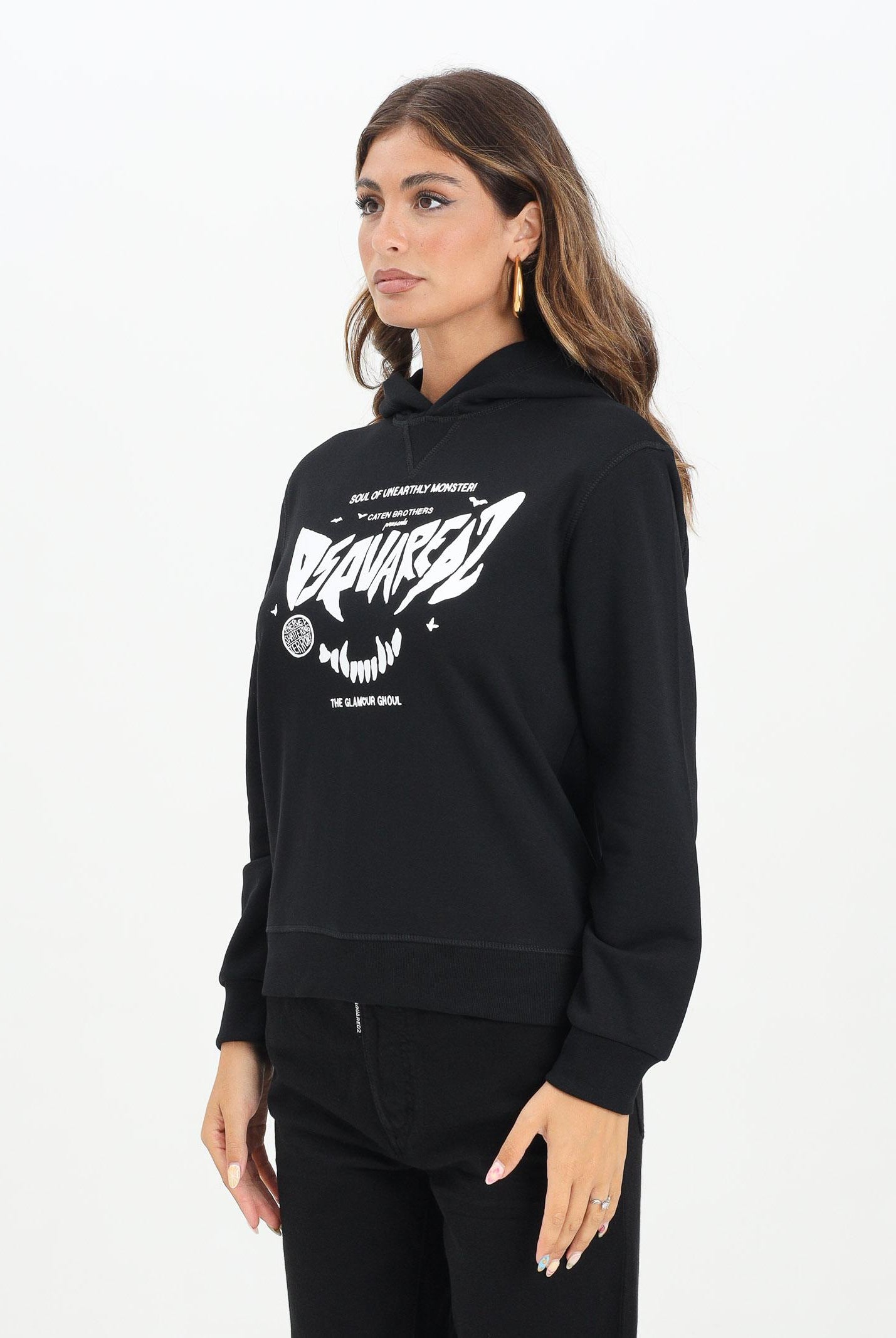 DSQUARED2 Felpa con cappuccio nera per donna, ragazzi e bambini con stampa Dsquared2 horror DQ3004D0094 DQ900 DSQUARED2