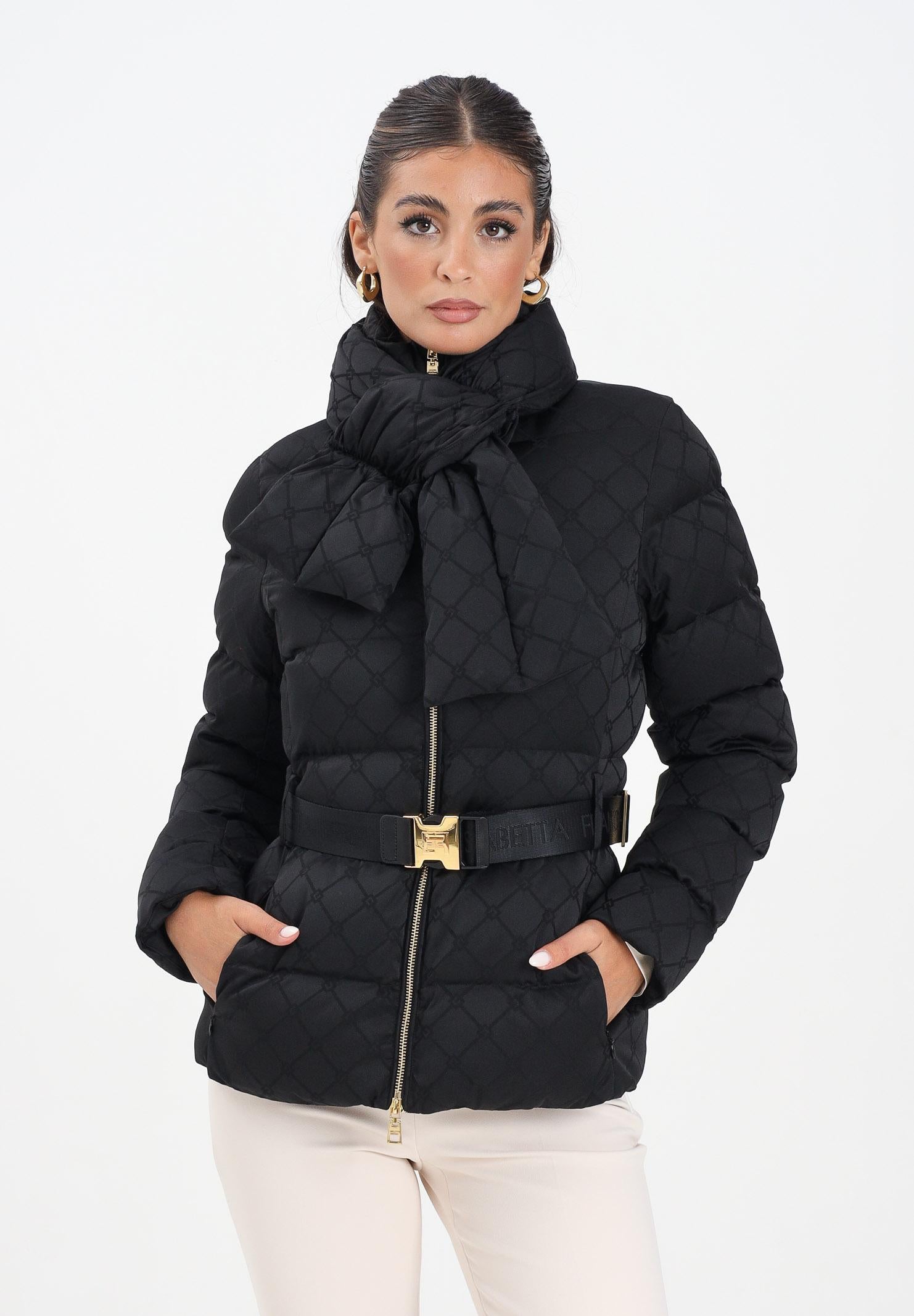 ELISABETTA FRANCHI Piumino nero da donna in tessuto vela jacquard con cintura PI83D56E2 110 ELISABETTA FRANCHI