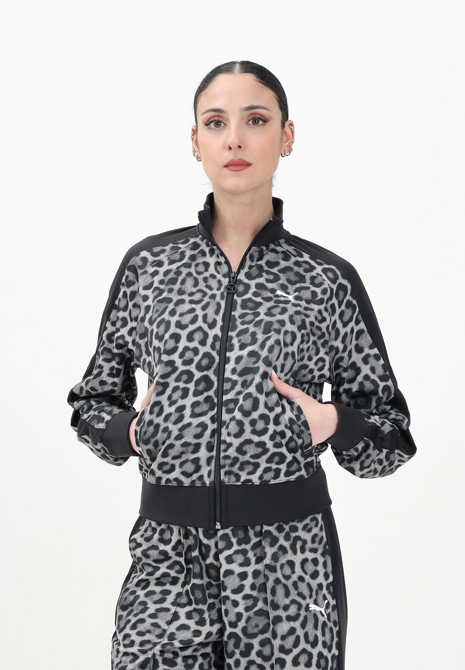 PUMA Felpa con zip T7 Leo Luxe All-Over Print nera da donna 632342 01 PUMA