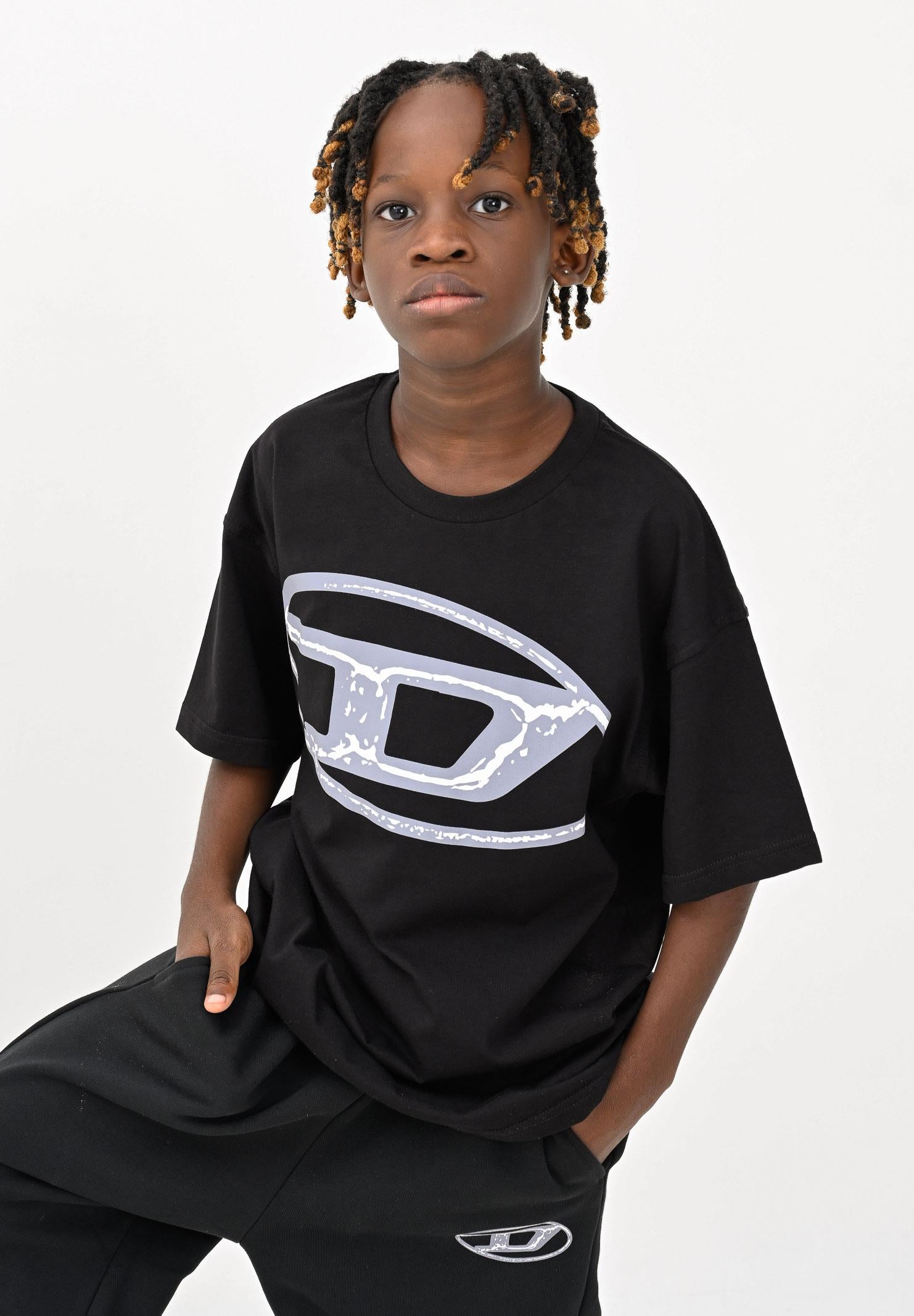 DIESEL T-shirt a manica corta nera per donna, ragazzi e bambini con maxi logo Oval D J02477KYAUN K900 DIESEL