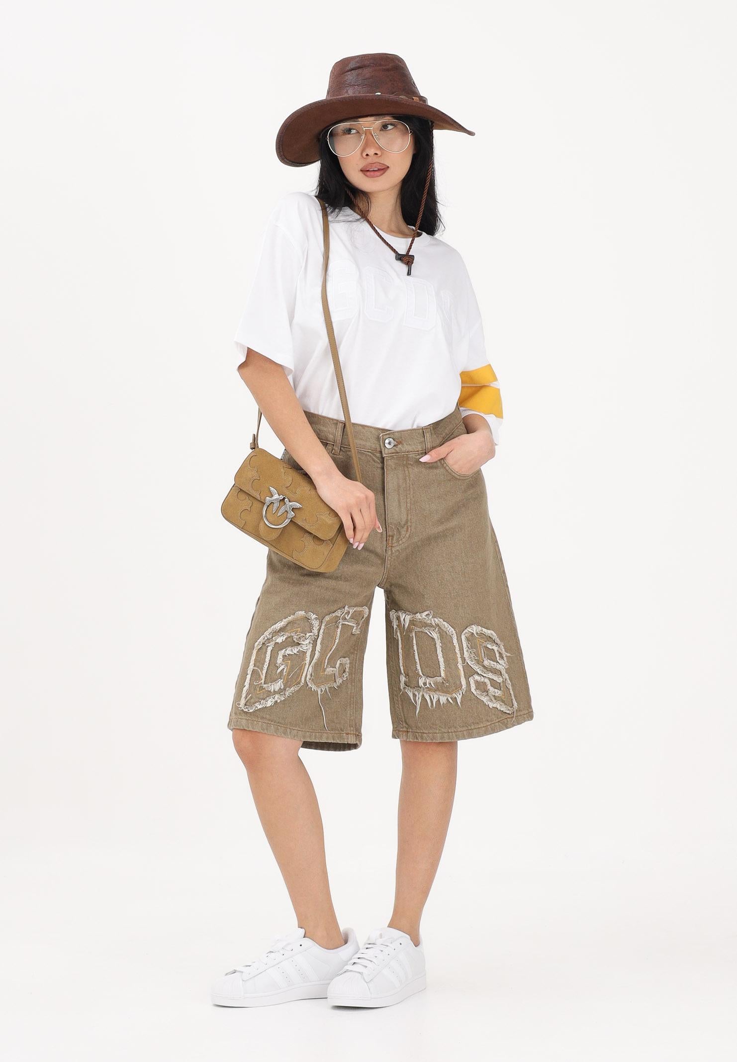 GCDS Shorts in denim beige per uomo e donna con logo C1MWQL223D087 320T GCDS