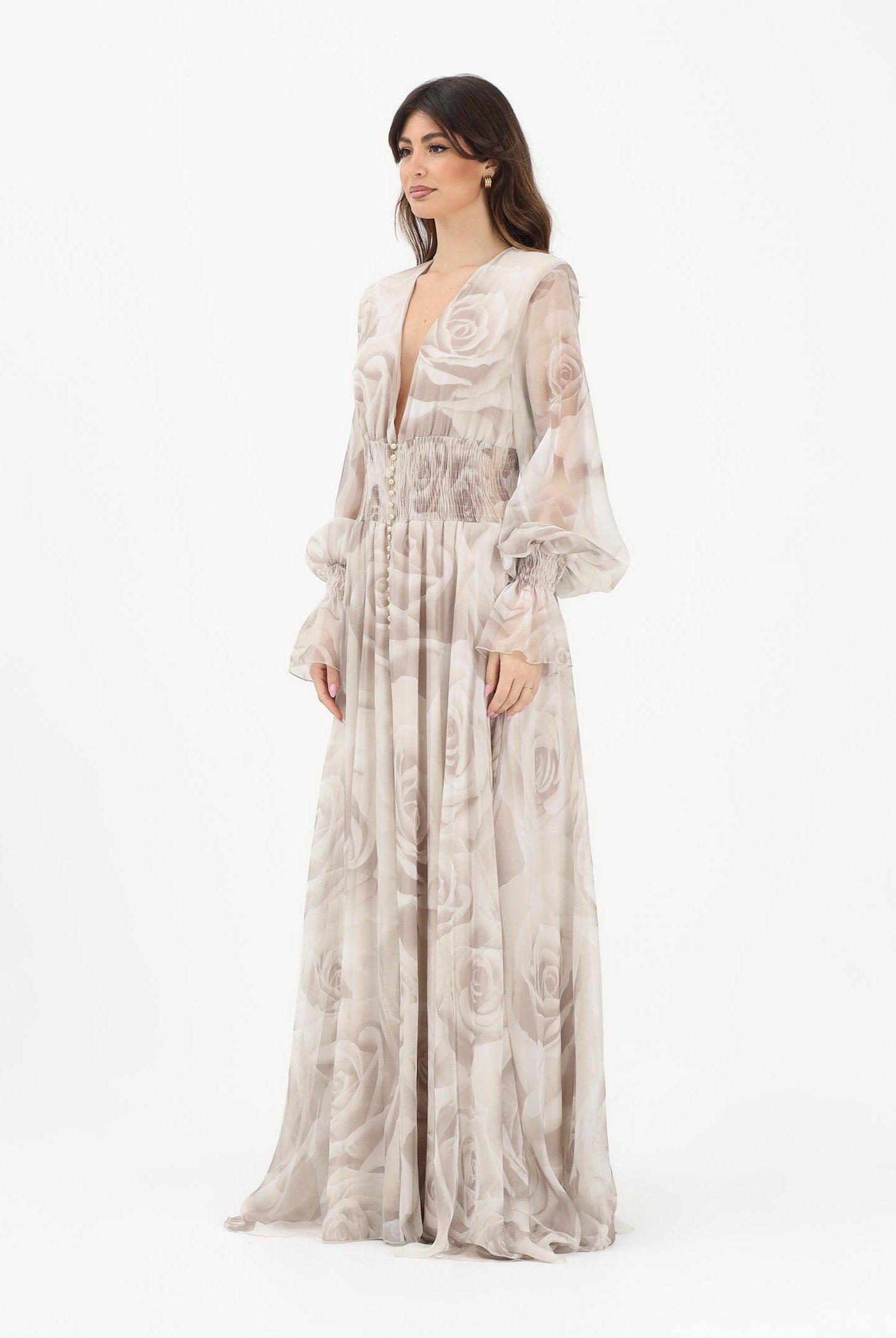 SHIT Abito lungo beige da donna con delicata fantasia floreale SH26052 NURO SHIT