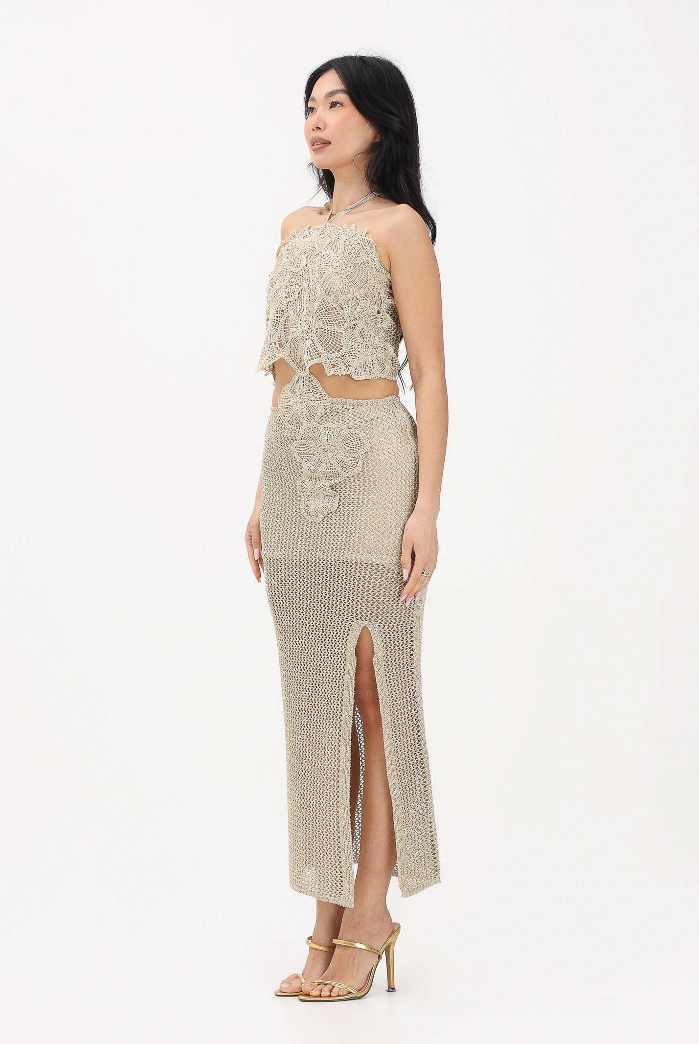 SIMONA CORSELLINI Abito midi oro da donna in maglia crochet lavorata P26CEABO5301 V0118 SIMONA CORSELLINI