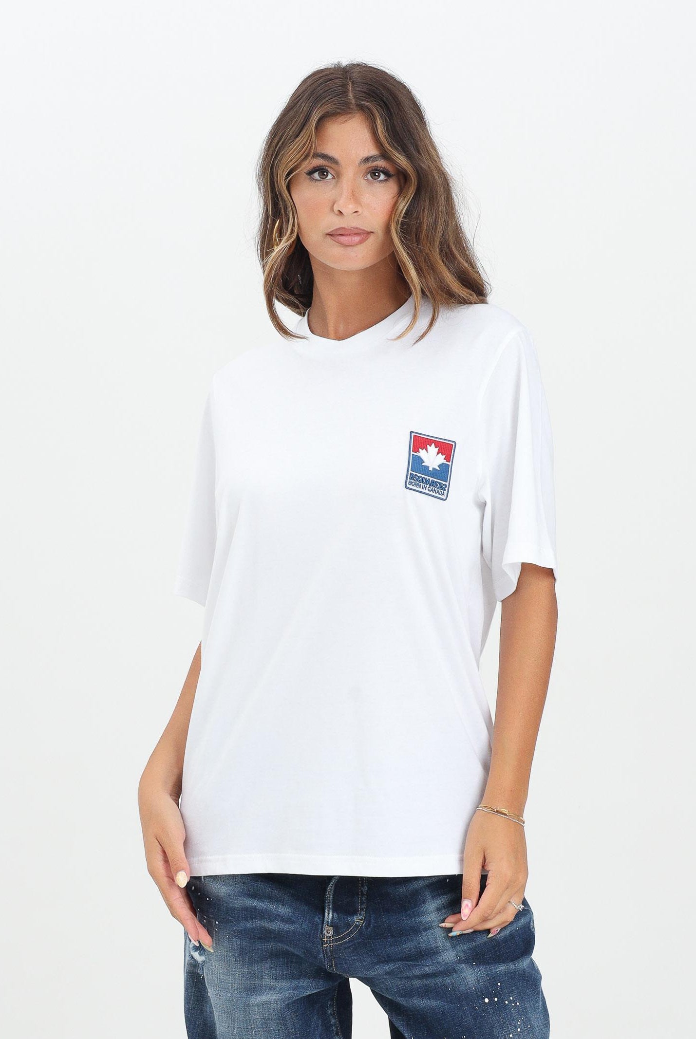 DSQUARED2 T-shirt a manica corta bianca per donna, ragazzi e bambini con logo patch DQ2992D0ACD DQ100 DSQUARED2