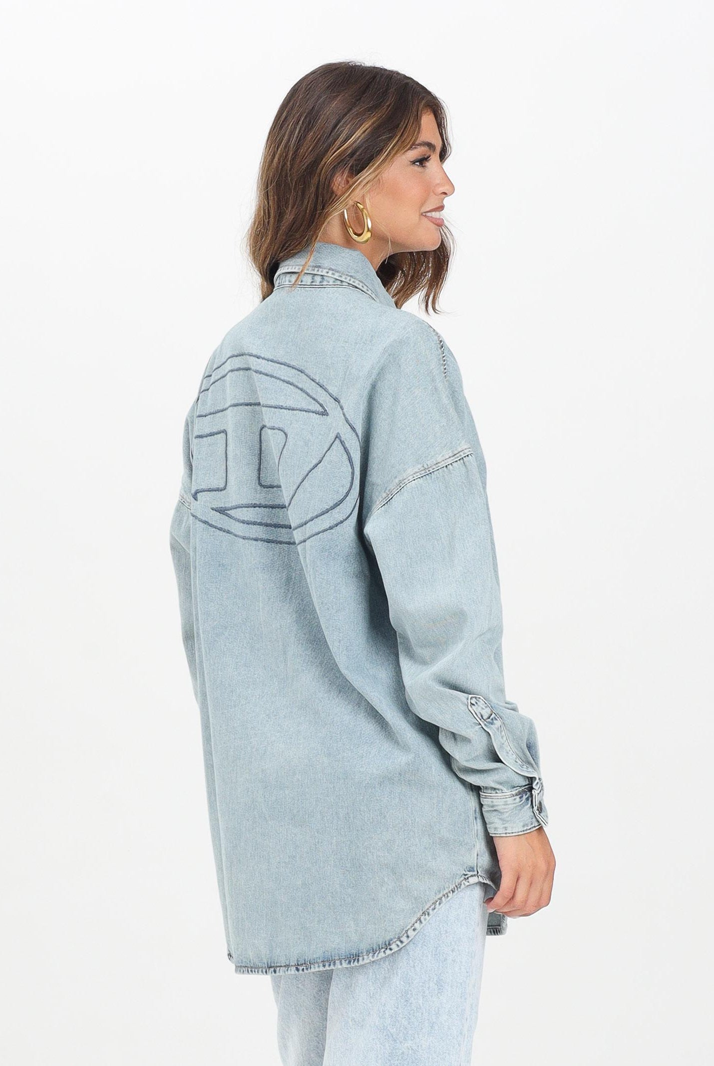 DIESEL Camicia a manica lunga in denim chiaro per donna, ragazzi e bambini con maxi logo Oval D J02307KXBPS K01 DIESEL