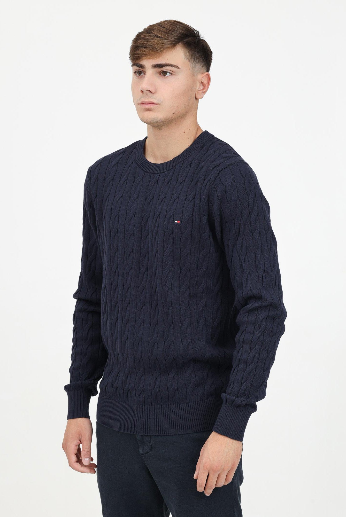 TOMMY HILFIGER Maglioncino girocollo blu da uomo con ricamo bandierina MW0MW33132DW5 . TOMMY HILFIGER