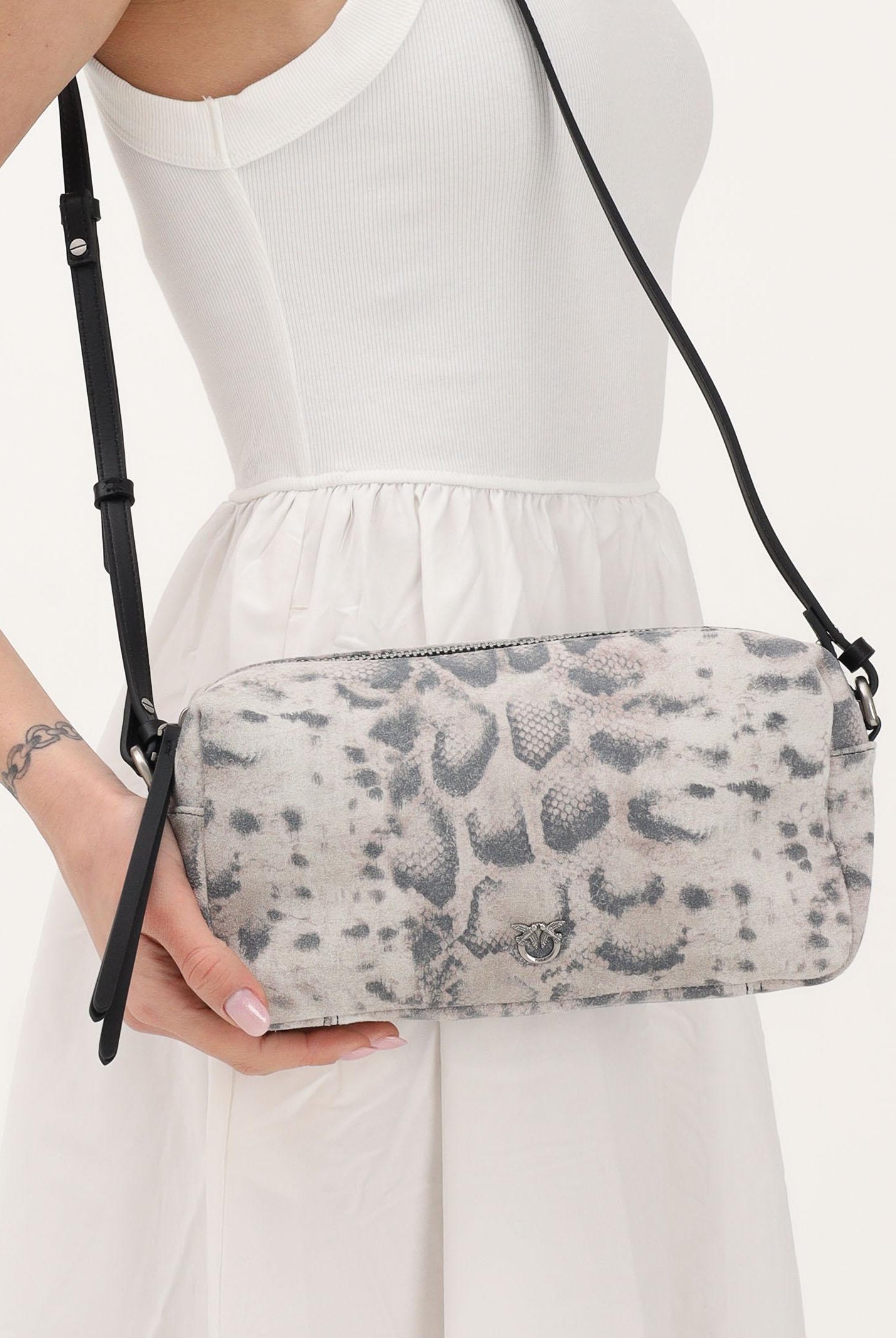PINKO Borsa a spalla Tricotte grigia da donna con stampa animalier effetto pitone 106761A39V H8RO PINKO
