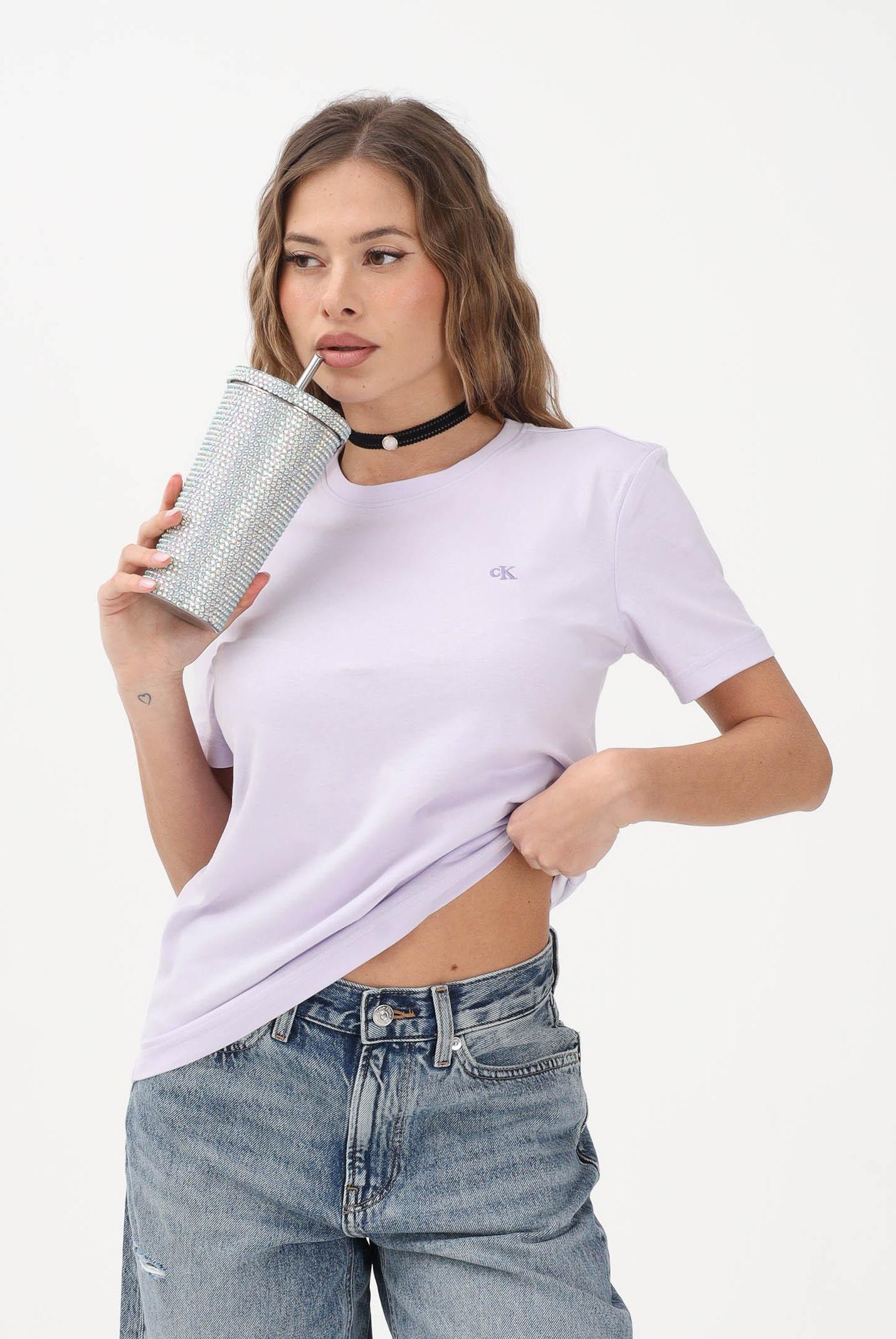 CALVIN KLEIN JEANS T-shirt a manica corta lilla da donna con logo LV047B224G 3OQ CALVIN KLEIN JEANS