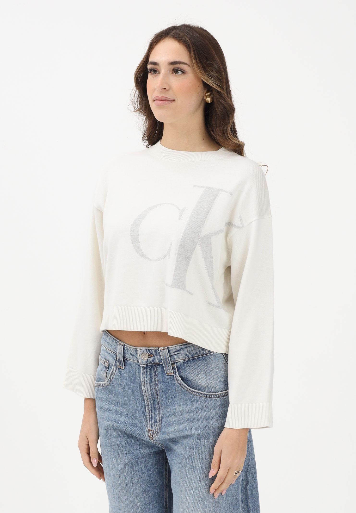 CALVIN KLEIN JEANS Maglioncino girocollo panna da donna con monogramma CK LV047E304GYAS . CALVIN KLEIN JEANS