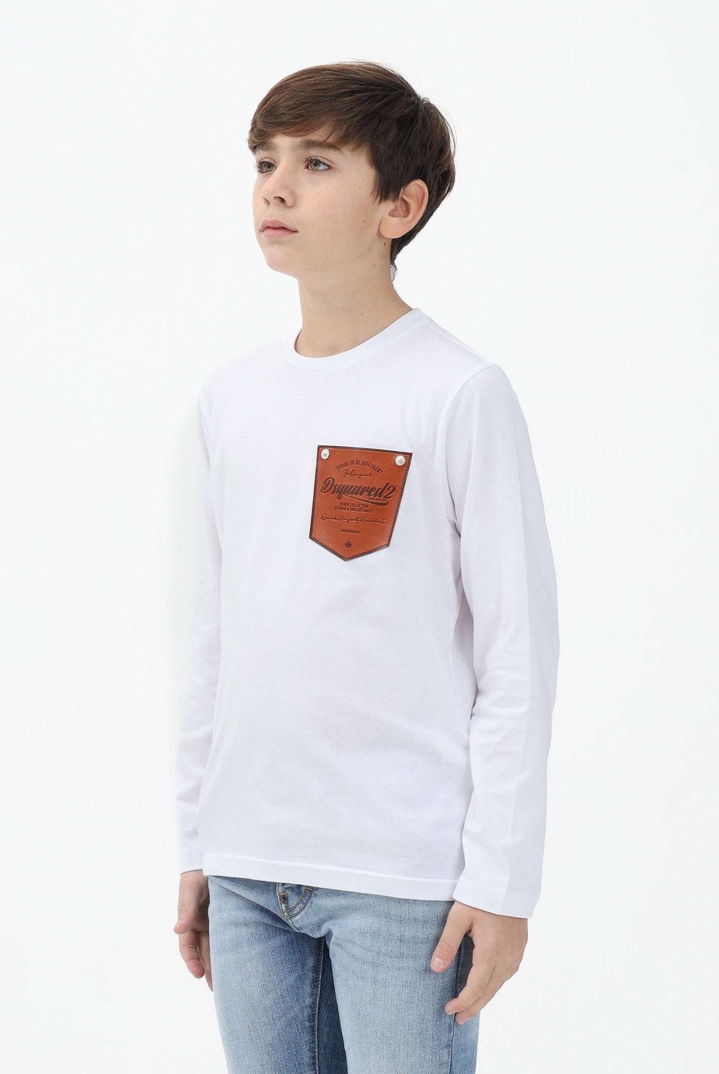 DSQUARED2 T-shirt a manica lunga bianca per donna, ragazzi e bambini con applicazione DQ3174D004G DQ100 DSQUARED2