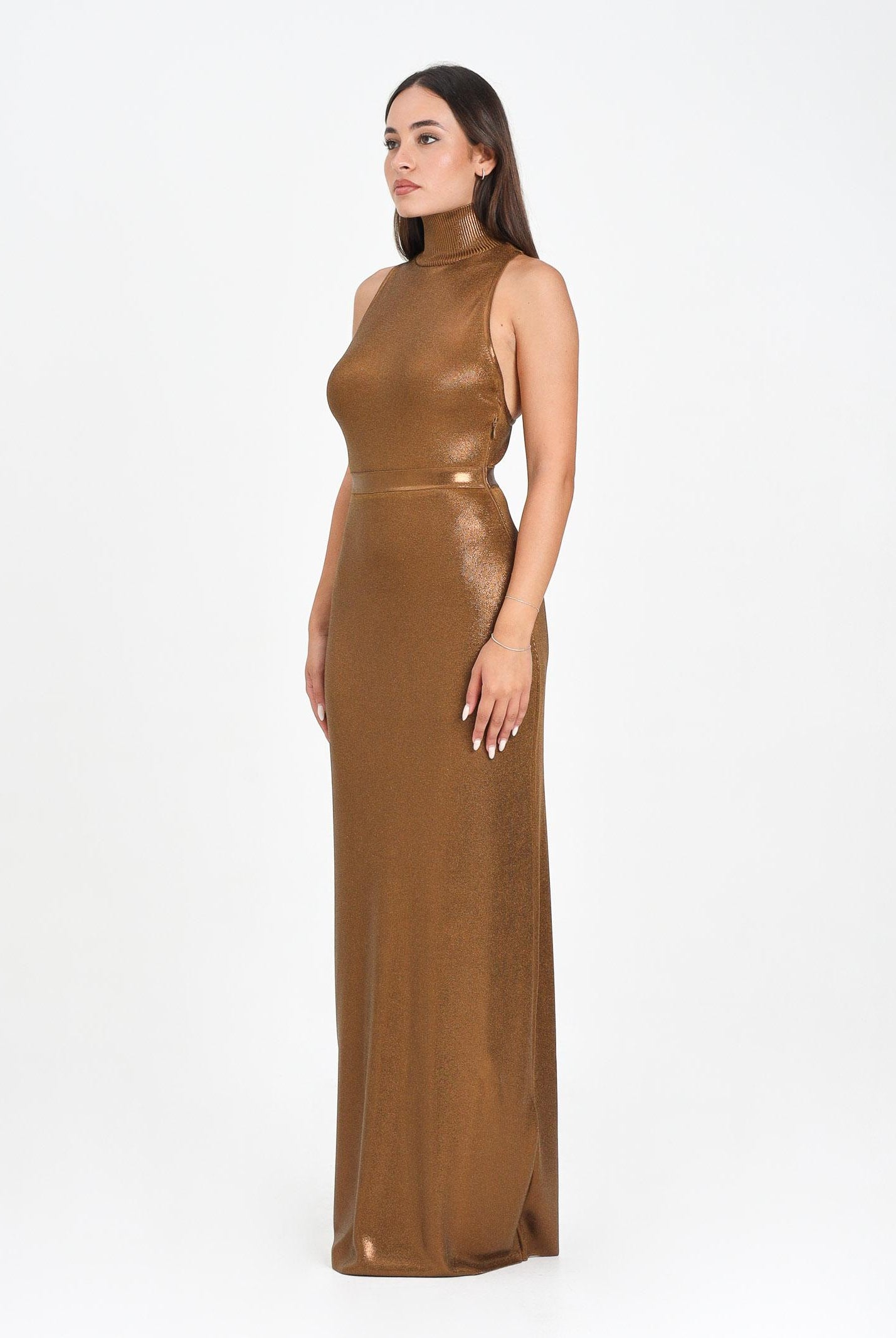 ELISABETTA FRANCHI Abito lungo bronzo da donna in maglia laminata AM13Q56E2 EC1 ELISABETTA FRANCHI