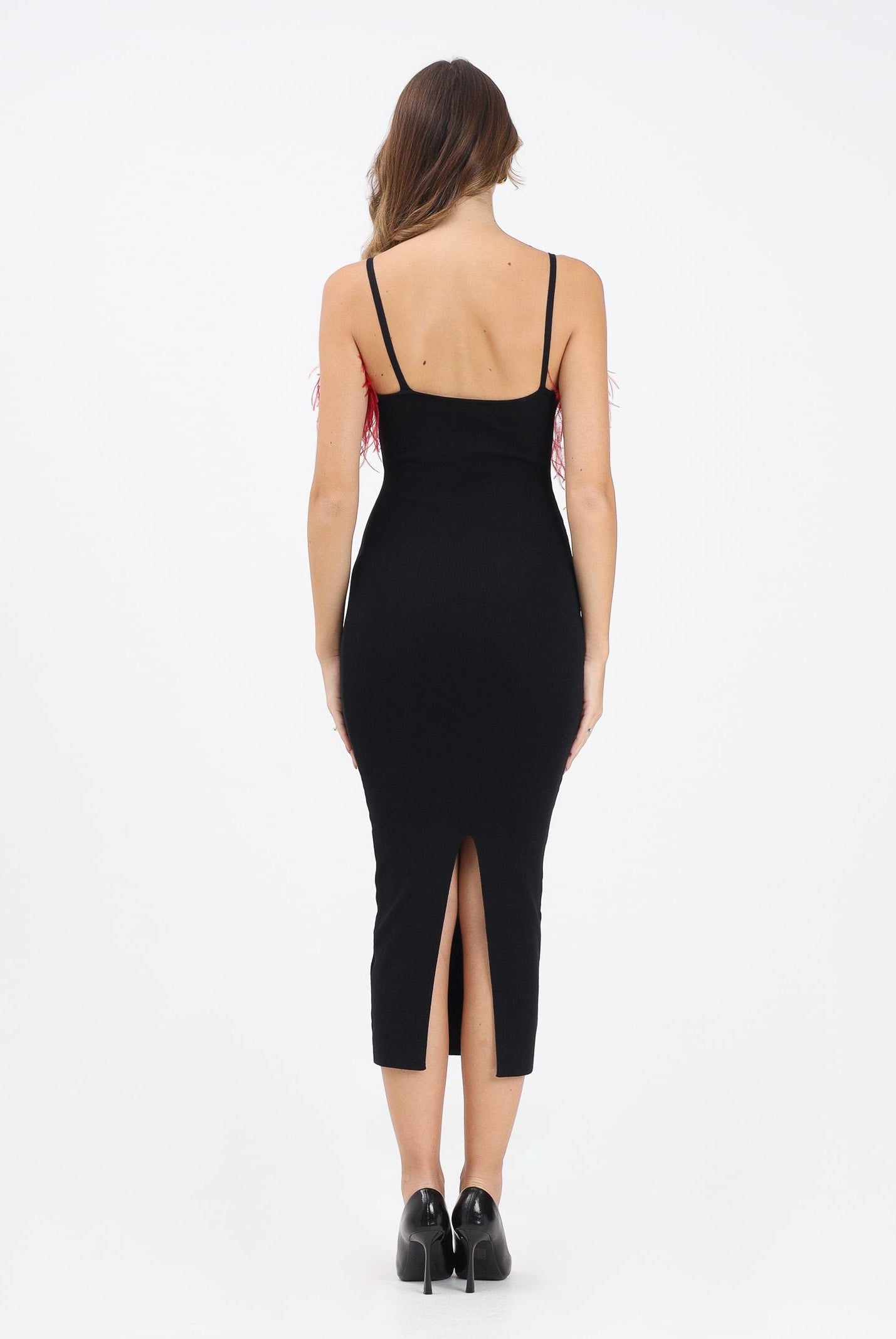 NOELL MAGGINI Abito midi nero da donna con piume bordeaux 00126083 NEBO NOELL MAGGINI