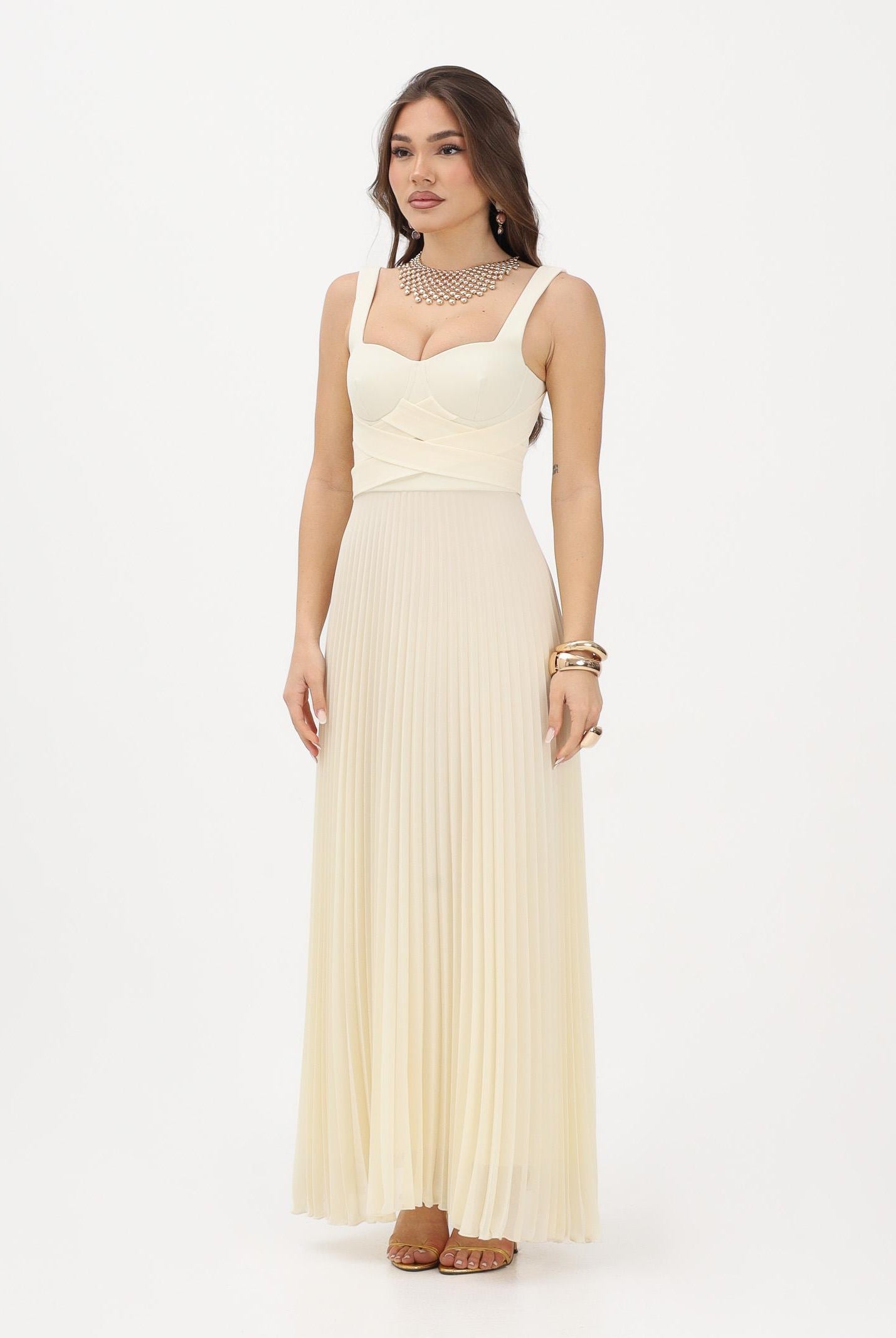 PATRIZIA PEPE Abito lungo plissè crema da donna con corpetto strutturato 2A3064A737 W418 PATRIZIA PEPE