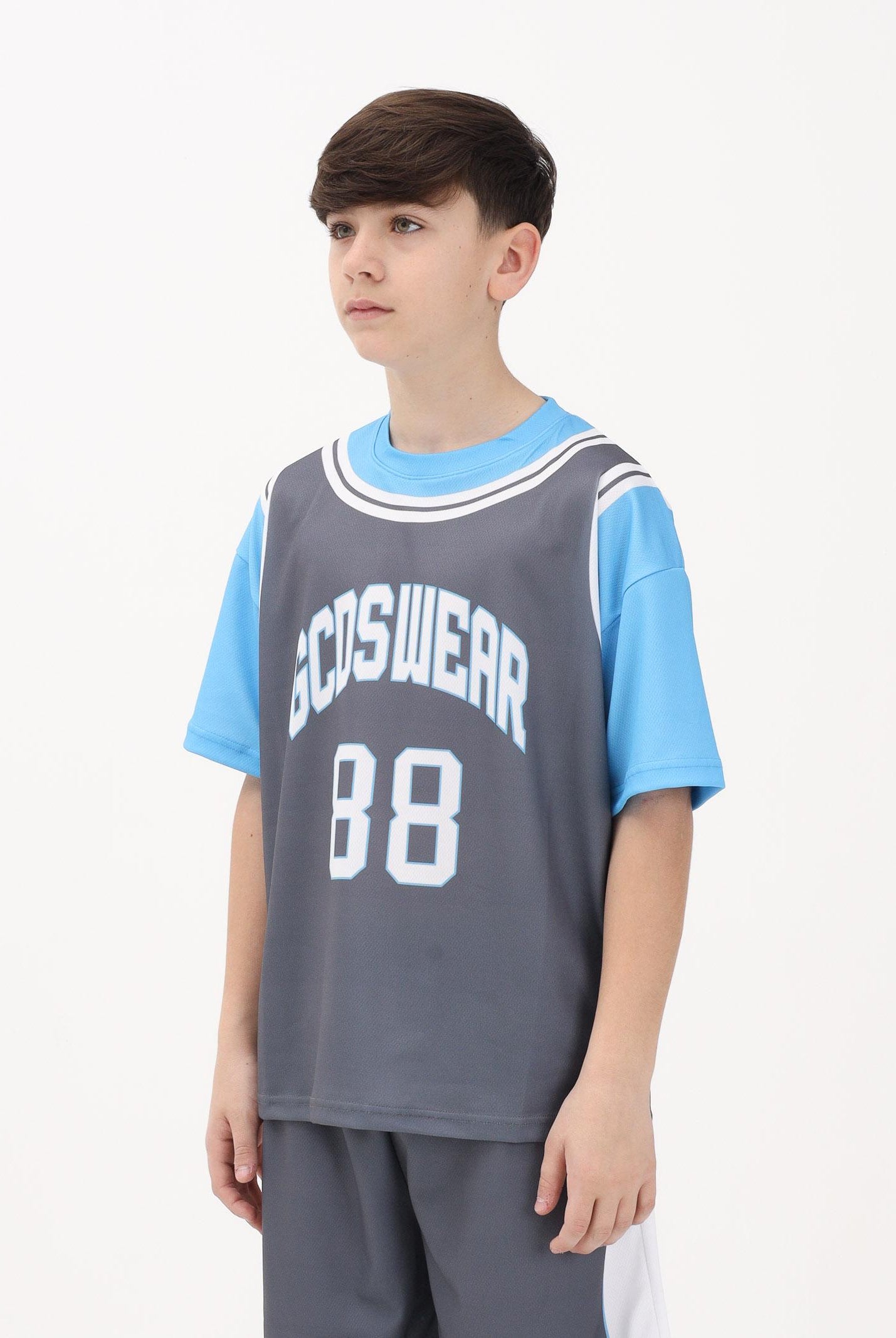 GCDS T-shirt a manica corta grigia e azzurra per donna, ragazzi e bambini con stampa C1BJQC706J338 955E GCDS