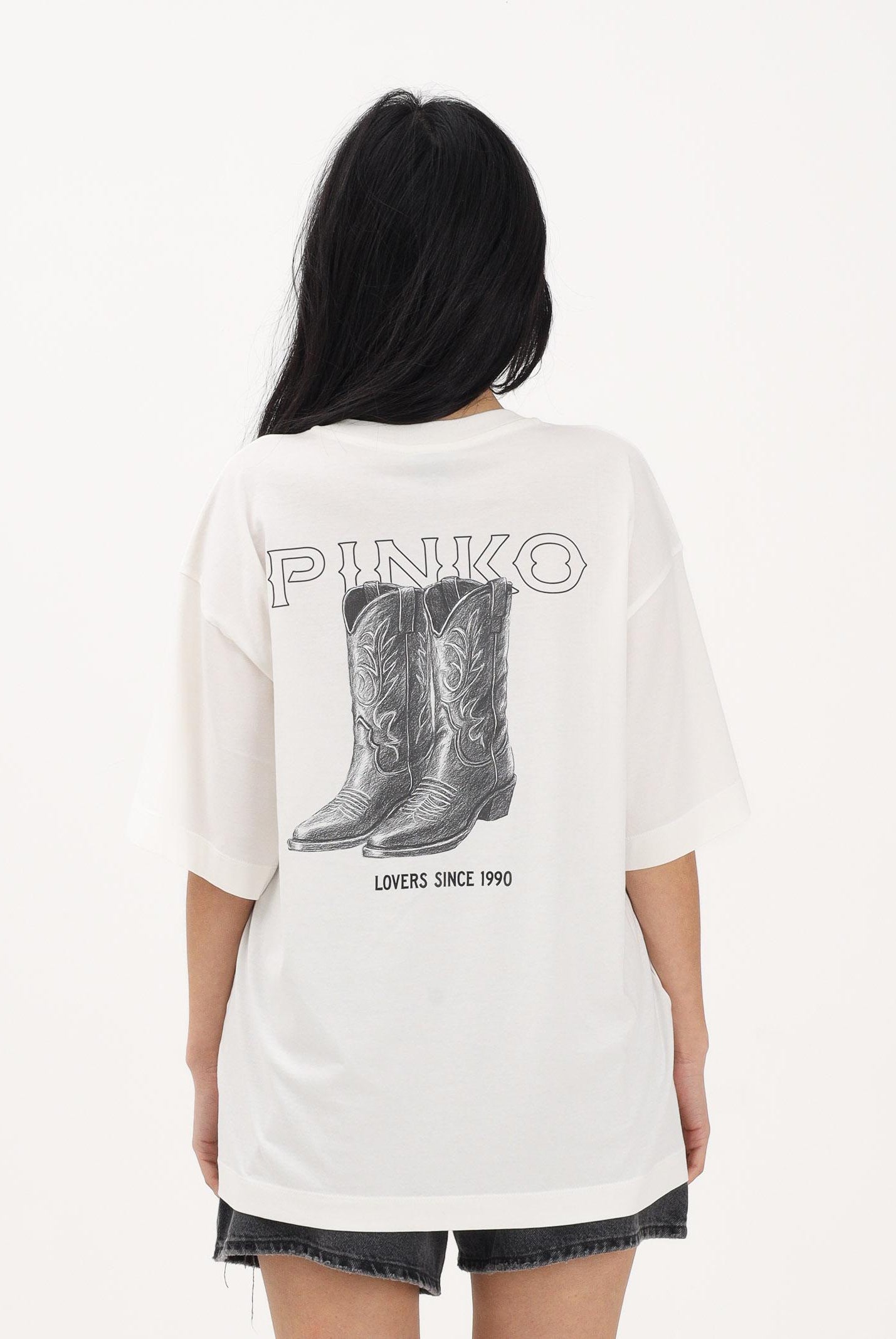 PINKO T-shirt a manica corta bianca da donna con maxi stampa sul retro 106872A3B3 Z05 PINKO
