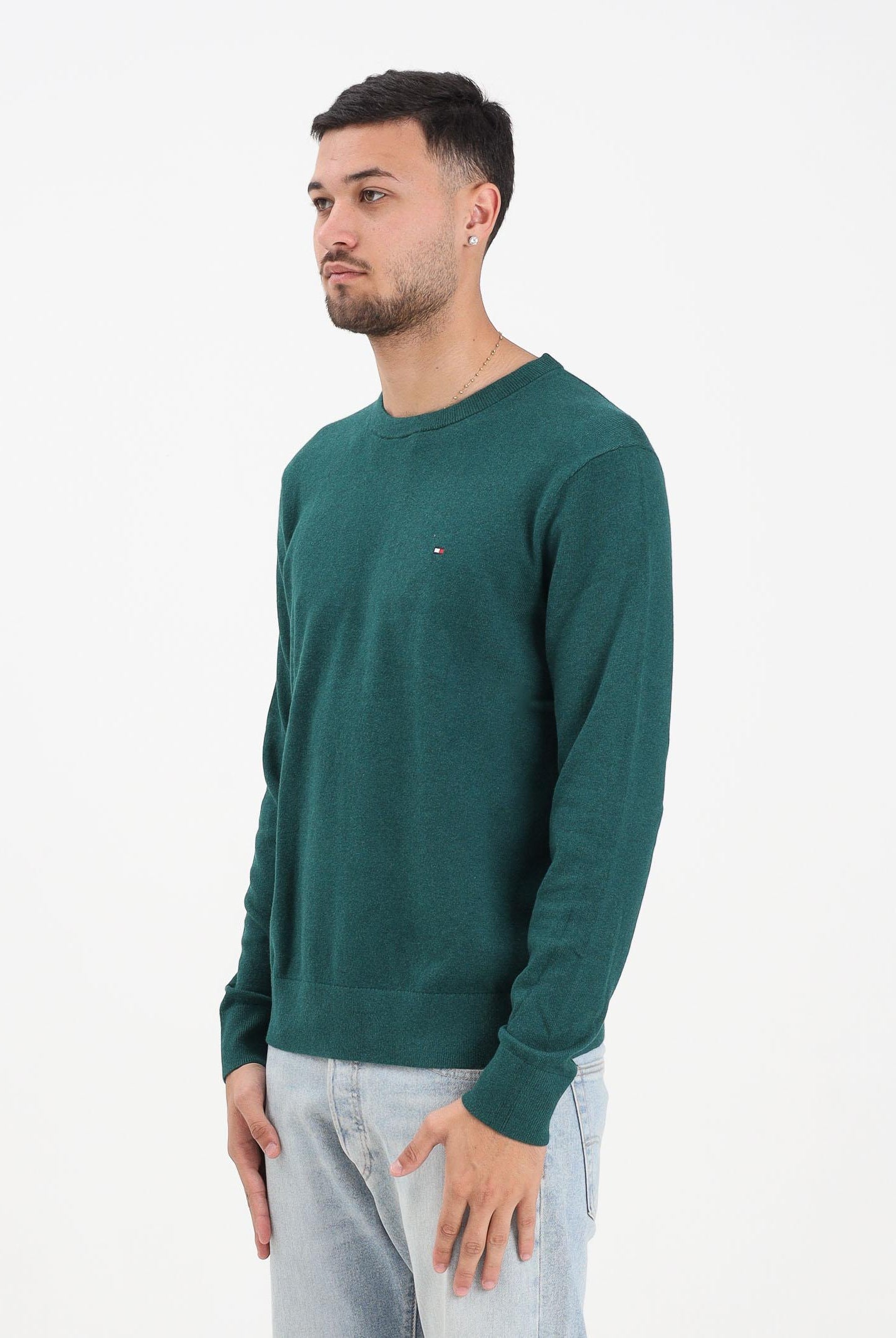 TOMMY HILFIGHER Maglioncino girocollo verde da uomo con ricamo bandierina Tommy Hilfigher MW0MW28046MQ8 TOMMY HILFIGER
