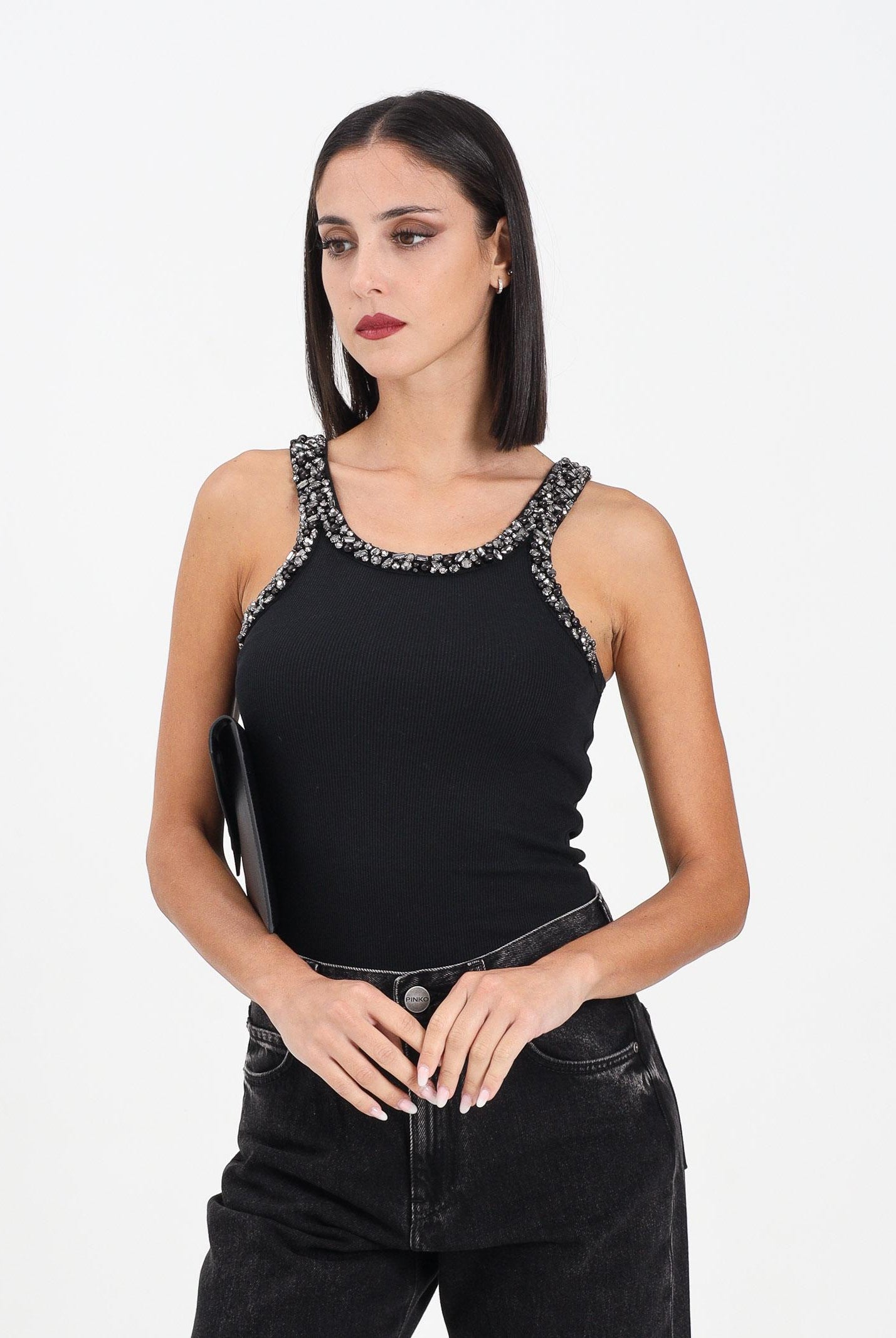 PINKO Canotta nera da donna con ricami gioiello 104109A2TM Z99 PINKO