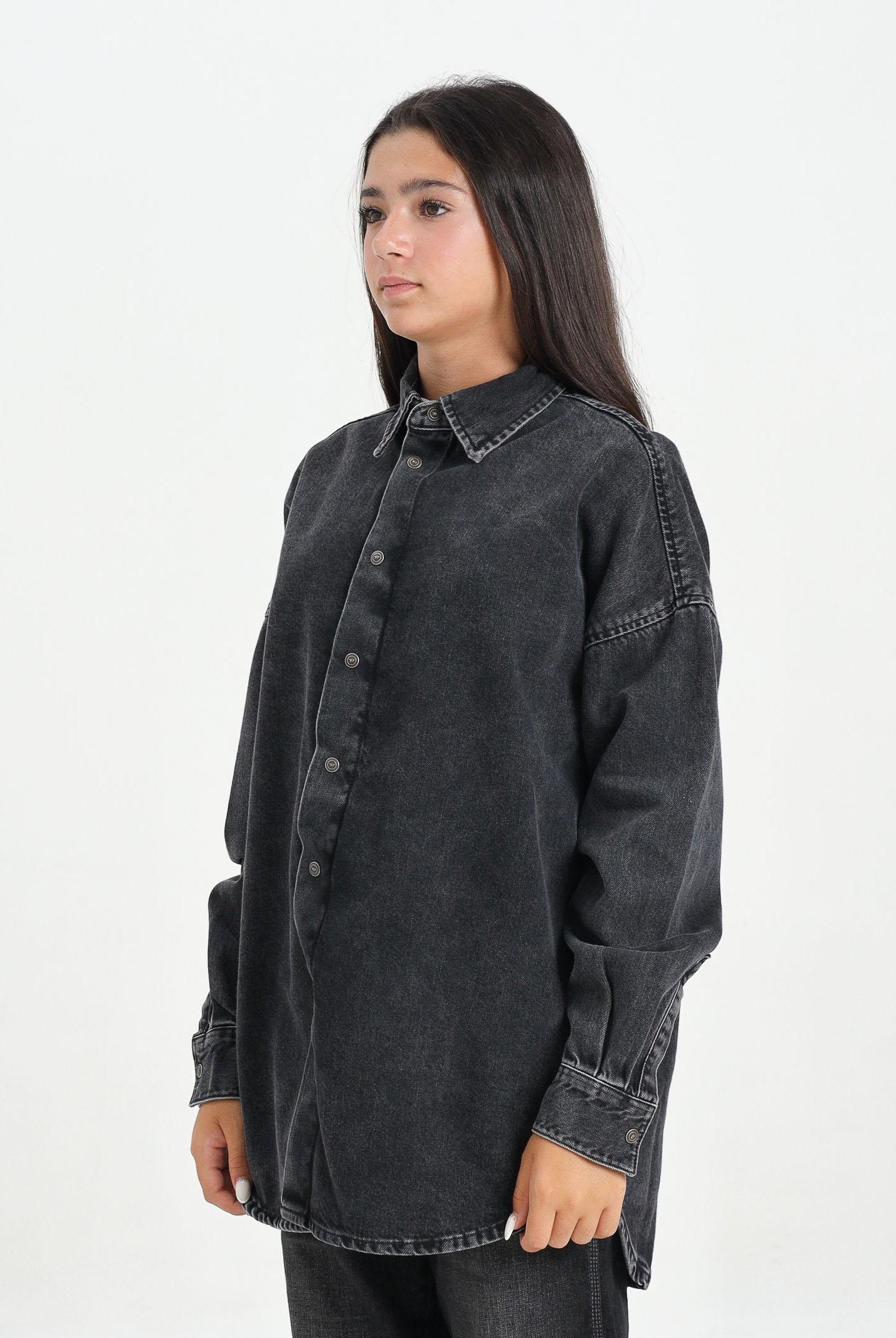 DIESEL Camicia a manica lunga in denim nero per donna, ragazzi e bambini con maxi logo Oval D J02307KXBPT K02 DIESEL