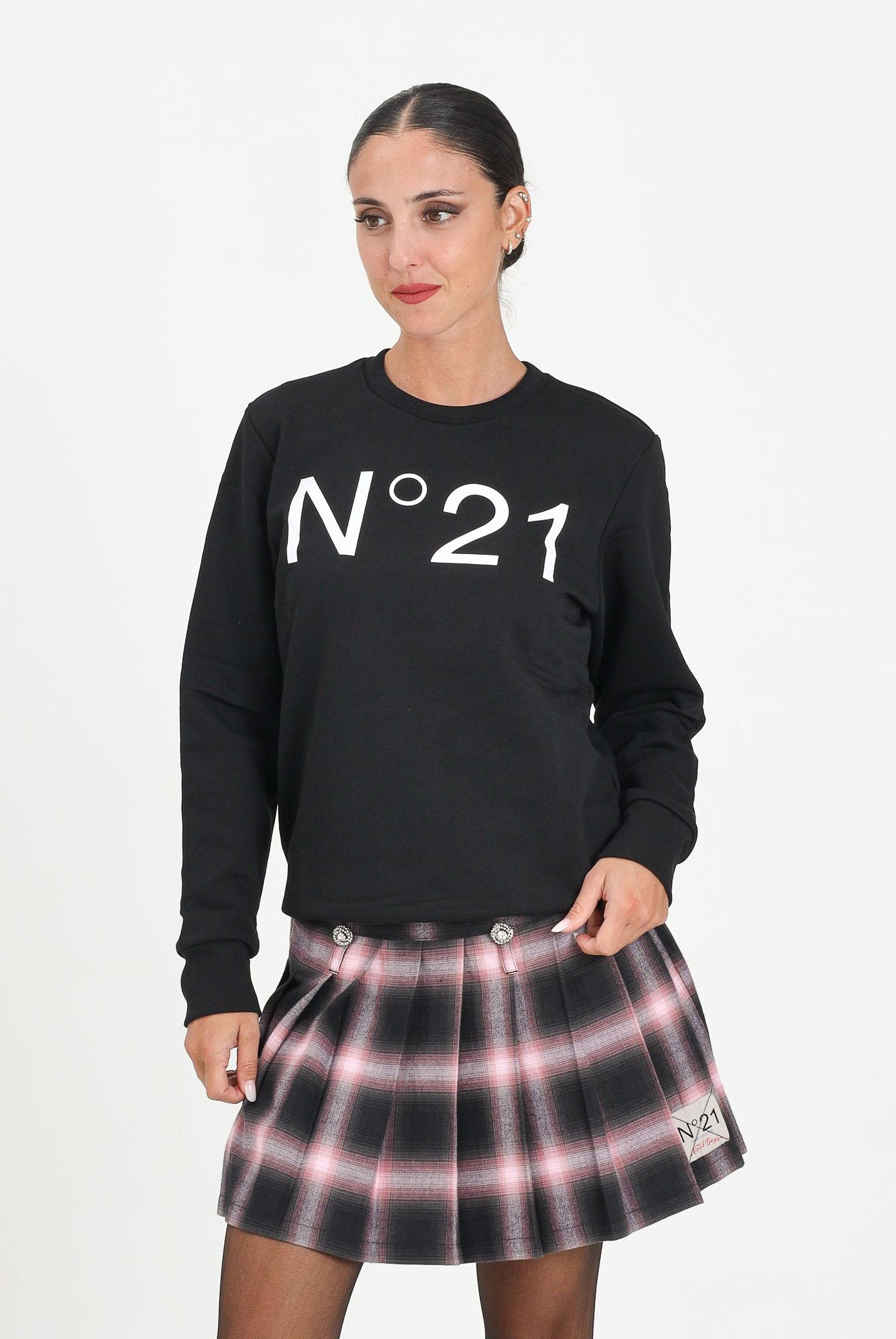 N21 Felpa girocollo nera per donna, ragazzi e bambini con logo a contrasto N21588N0154 0N900 N21