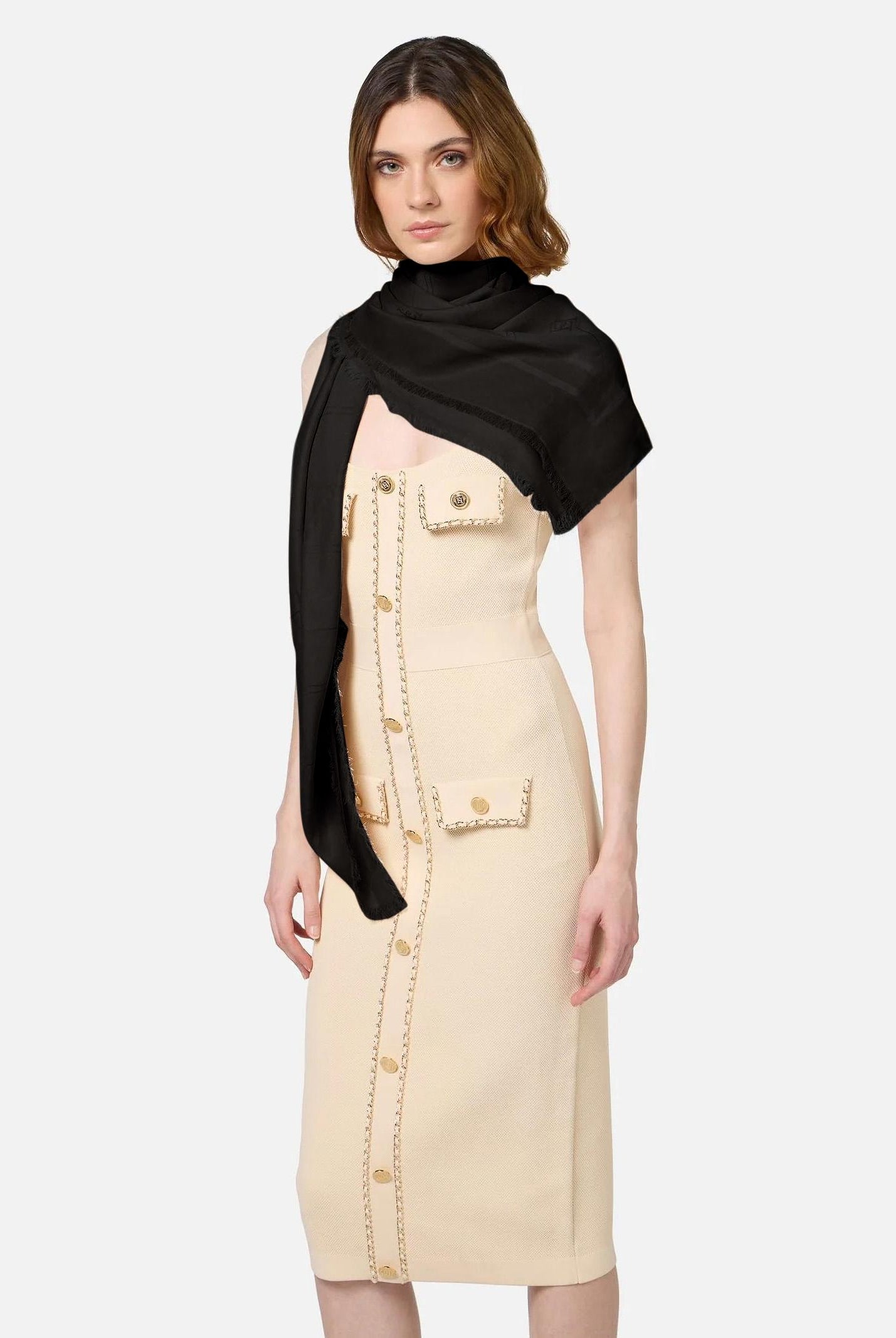 ELISABETTA FRANCHI Sciarpa nera da donna con lettering jacquard SC02F46E2 110 ELISABETTA FRANCHI