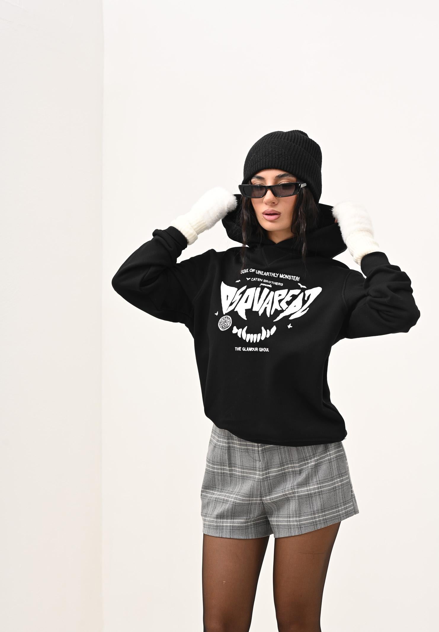 DSQUARED2 Felpa con cappuccio nera per donna, ragazzi e bambini con stampa Dsquared2 horror DQ3004D0094 DQ900 DSQUARED2