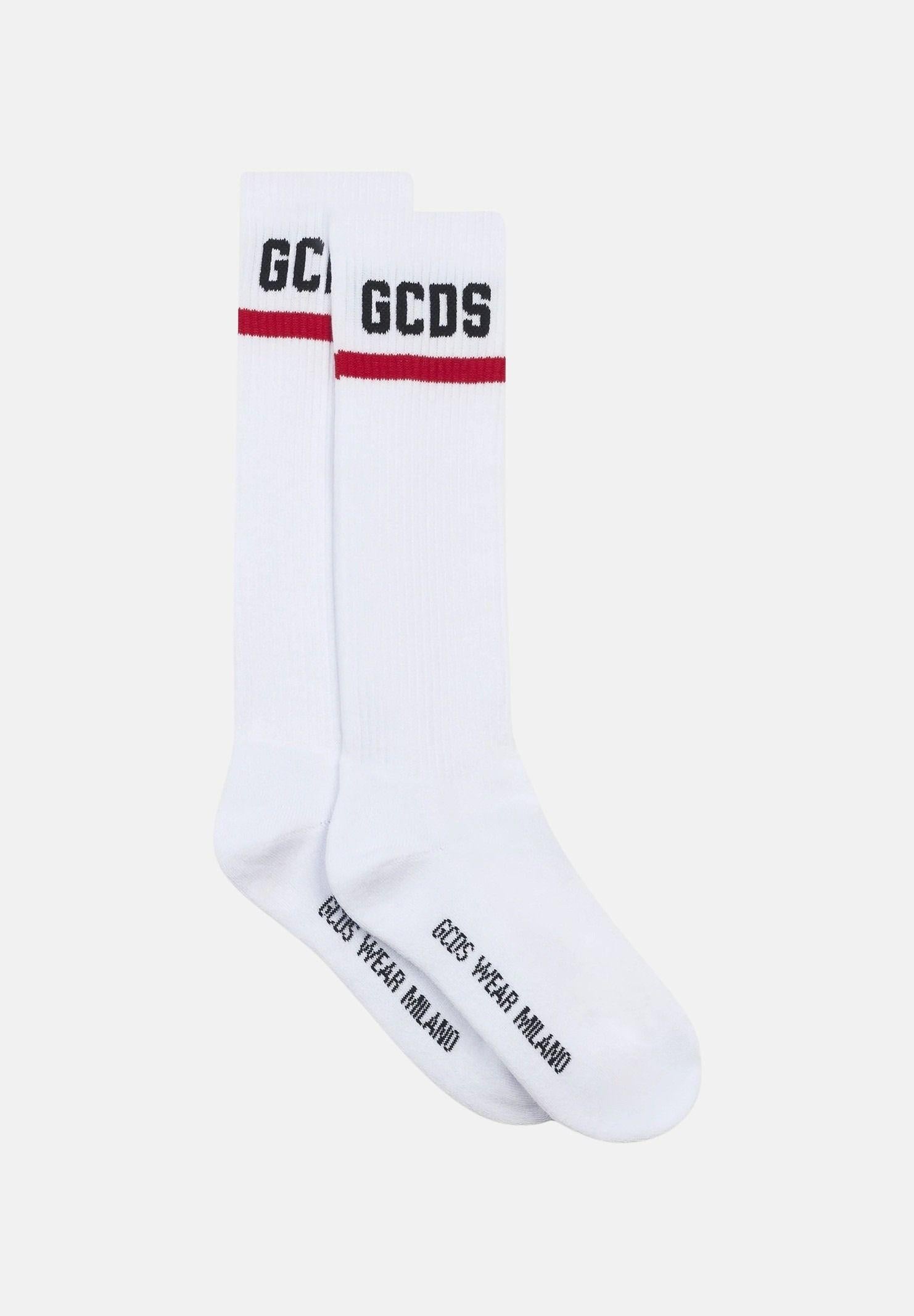 GCDS Calzini bianchi per uomo e donna con logo a contrasto C1UJQQ714T801 100B GCDS