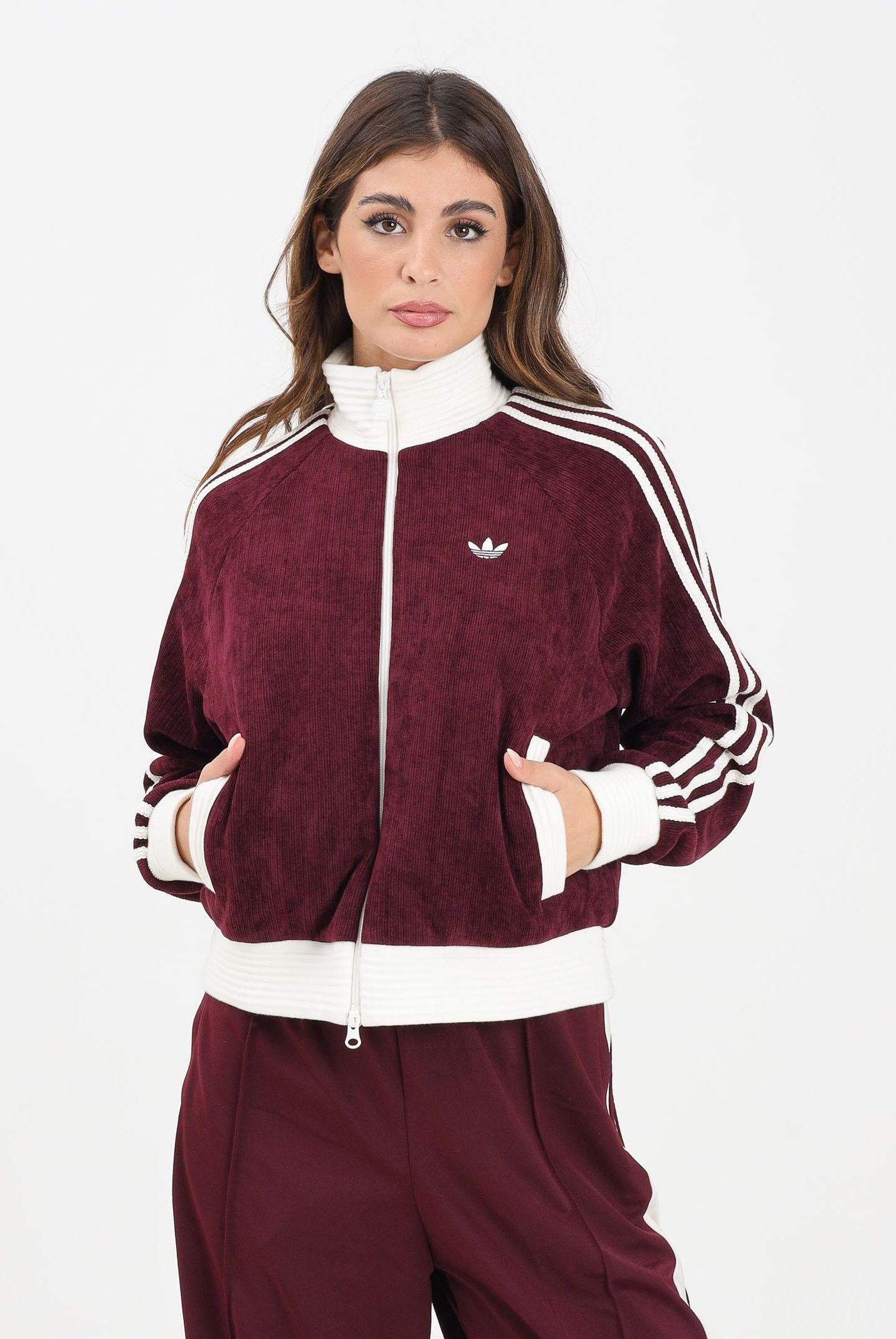 ADIDAS ORIGINALS Felpa con zip VELOUR KNIT bordeaux da donna KS0400  ADIDAS ORIGINALS