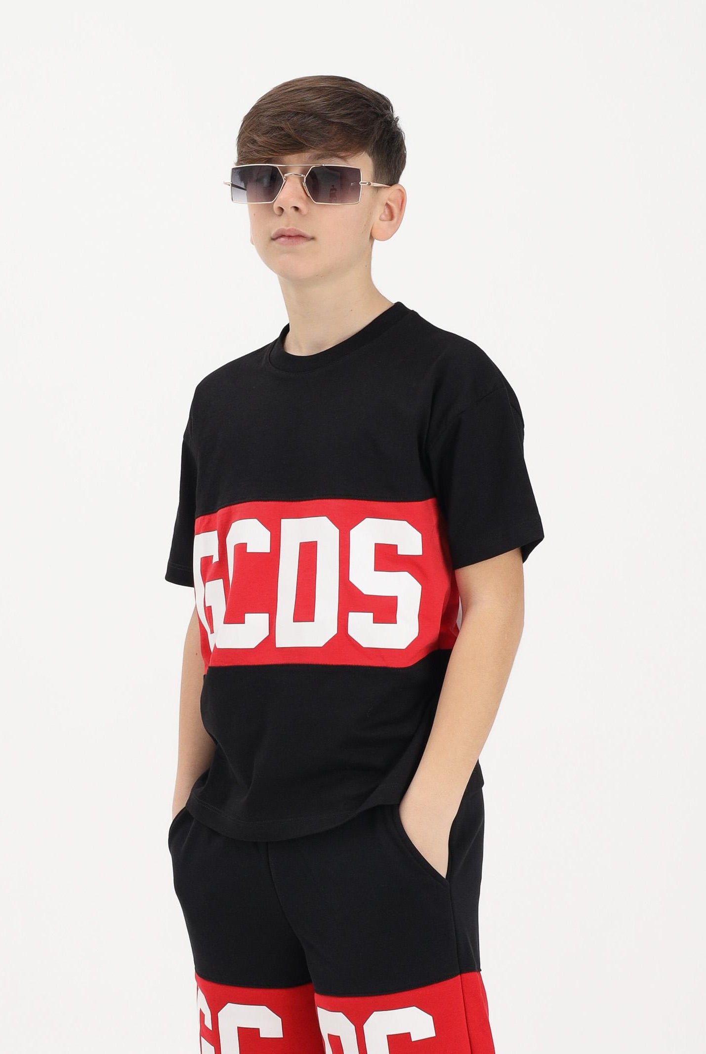 GCDS T-shirt a manica corta nera per donna, ragazzi e bambini con stampa logo Z0UJQC585J105 999R GCDS