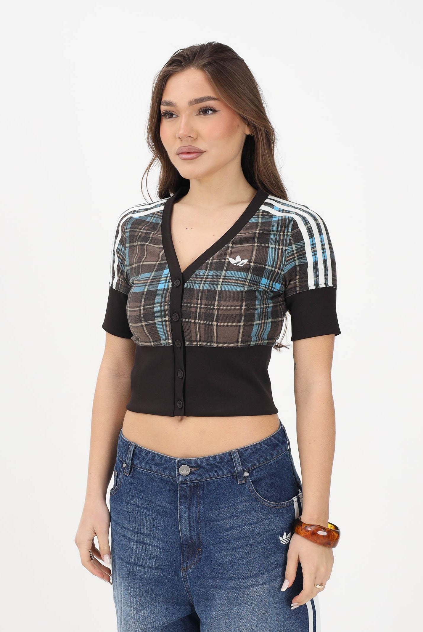 ADIDAS ORIGINALS Cardigan CHECKED marrone da donna KW4548 . ADIDAS ORIGINALS