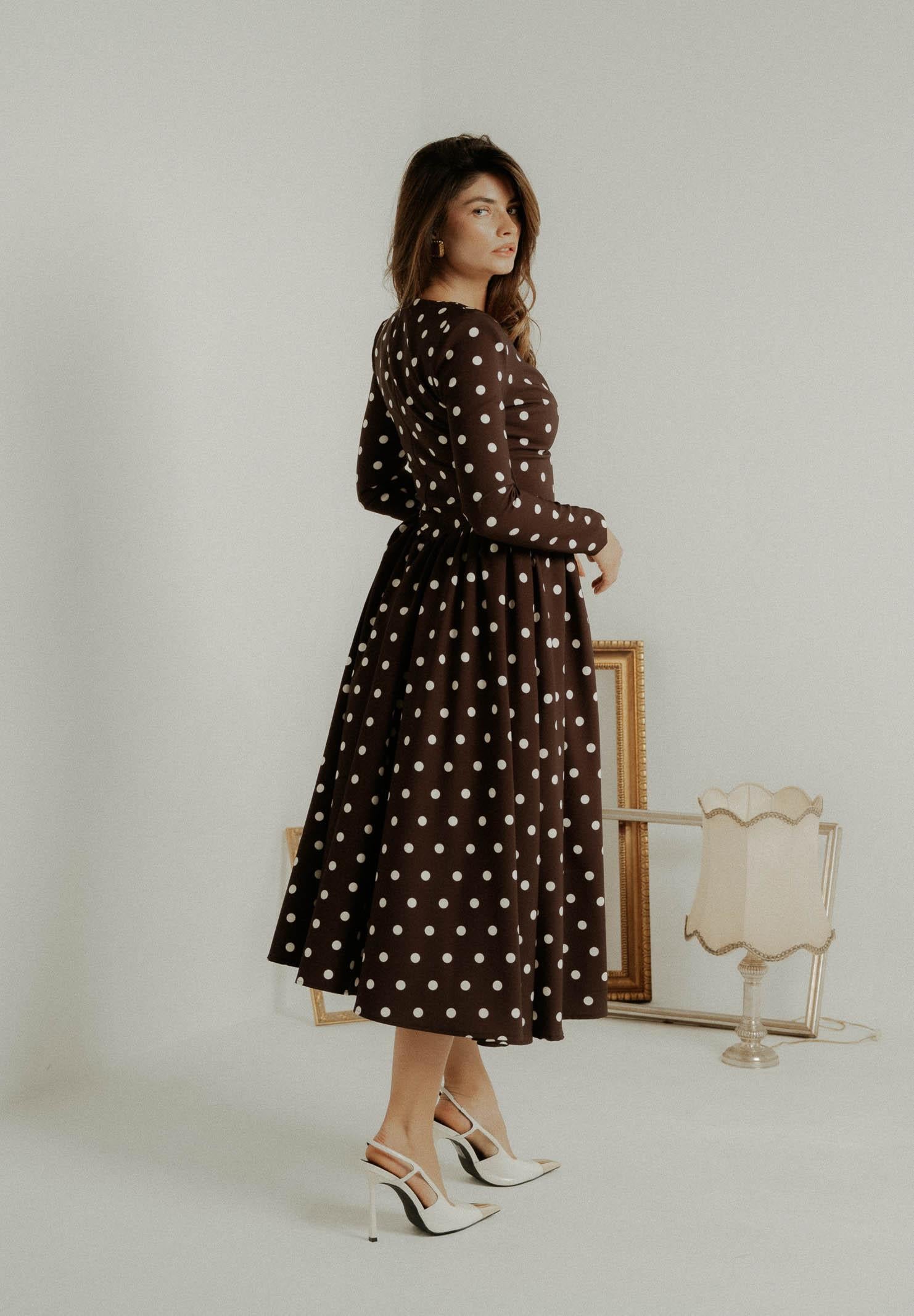 SANTAS Abito midi DOUCEUR marrone da donna con pois panna PV2603 POPA SANTAS